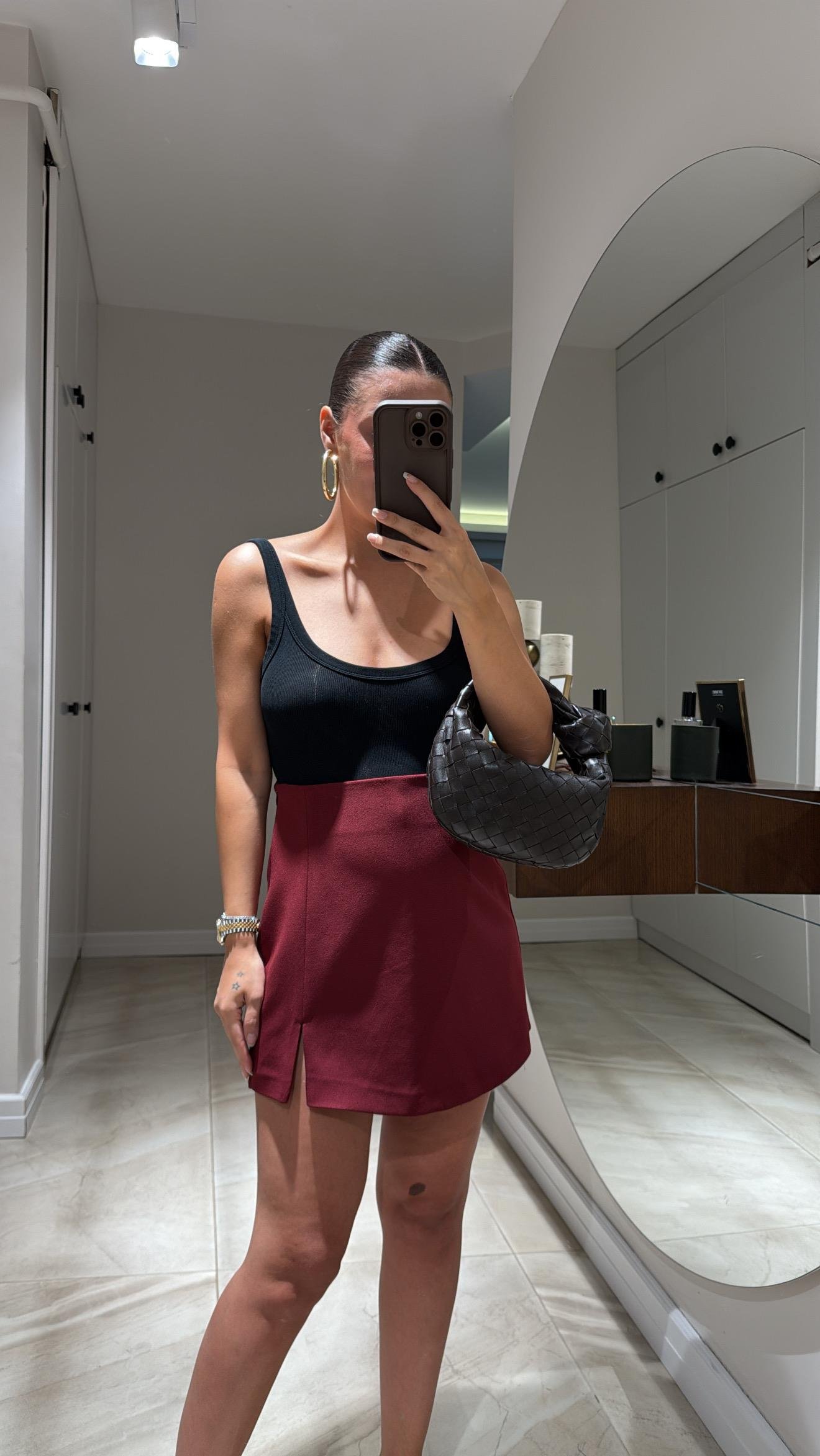 Bordo Yan Fermuarlı Mini Şort Etek