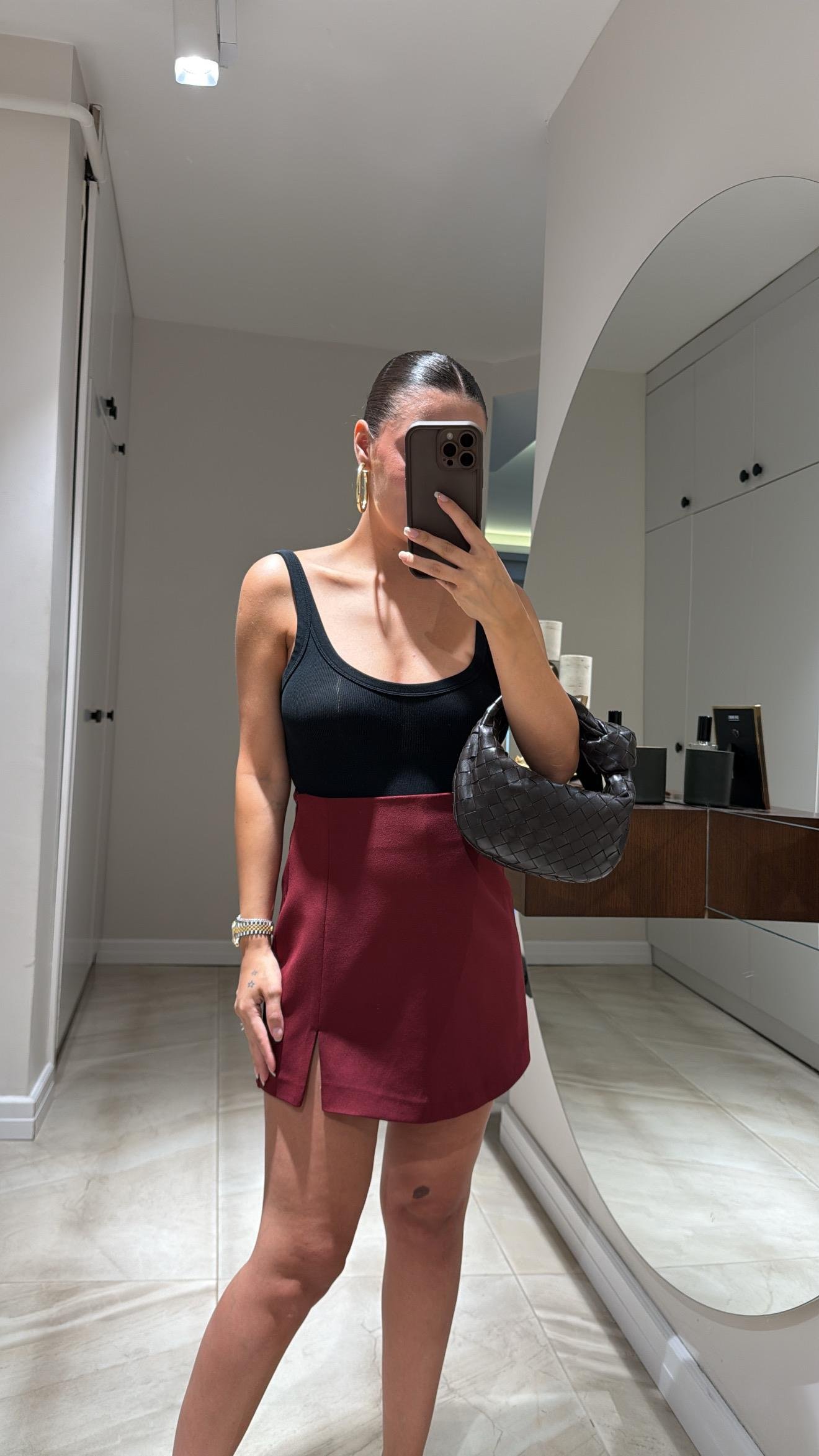 Bordo Yan Fermuarlı Mini Şort Etek