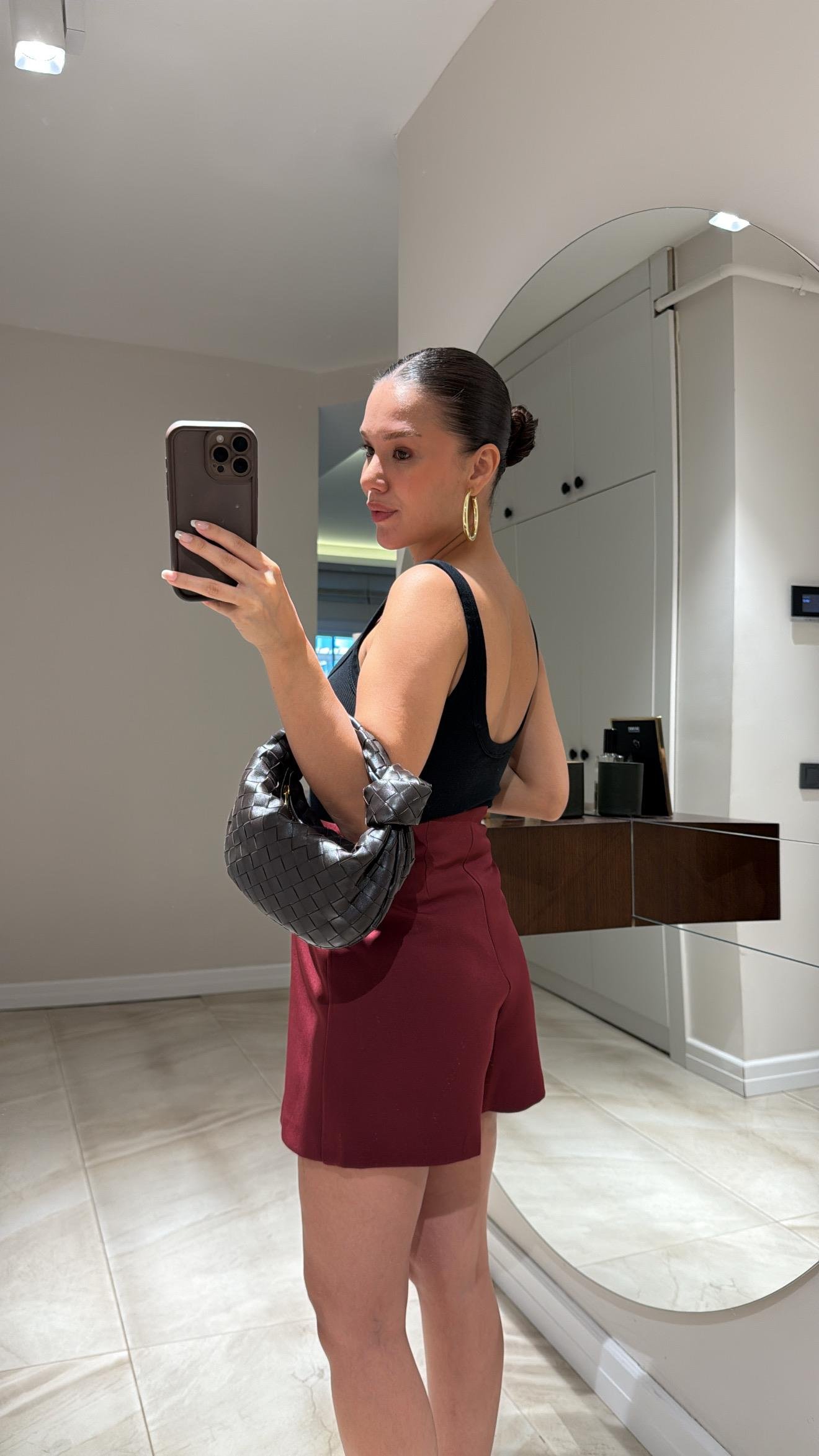 Bordo Yan Fermuarlı Mini Şort Etek