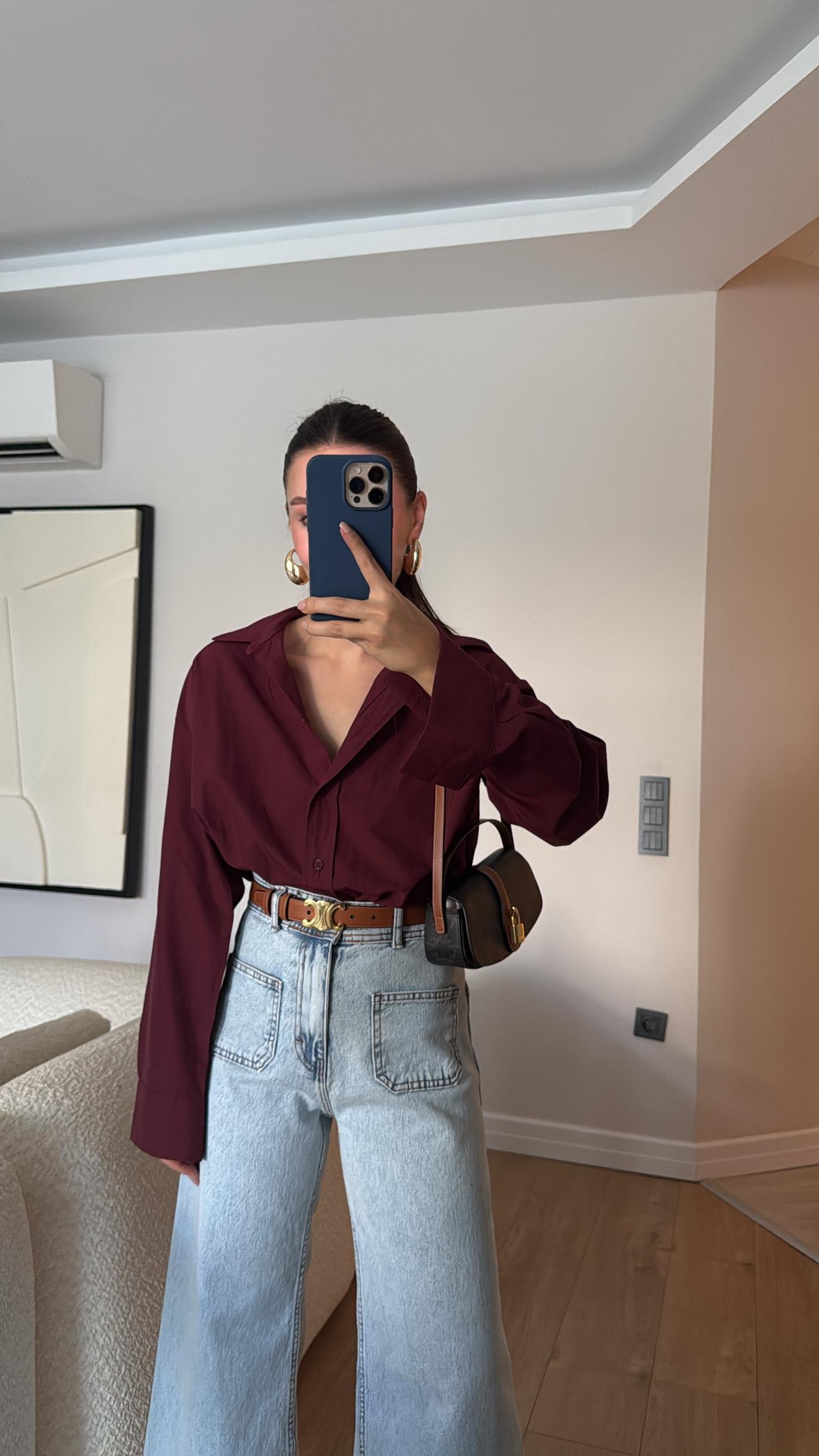 Bordo Yan Yırtmaçlı Poplin Kumaş Gömlek 