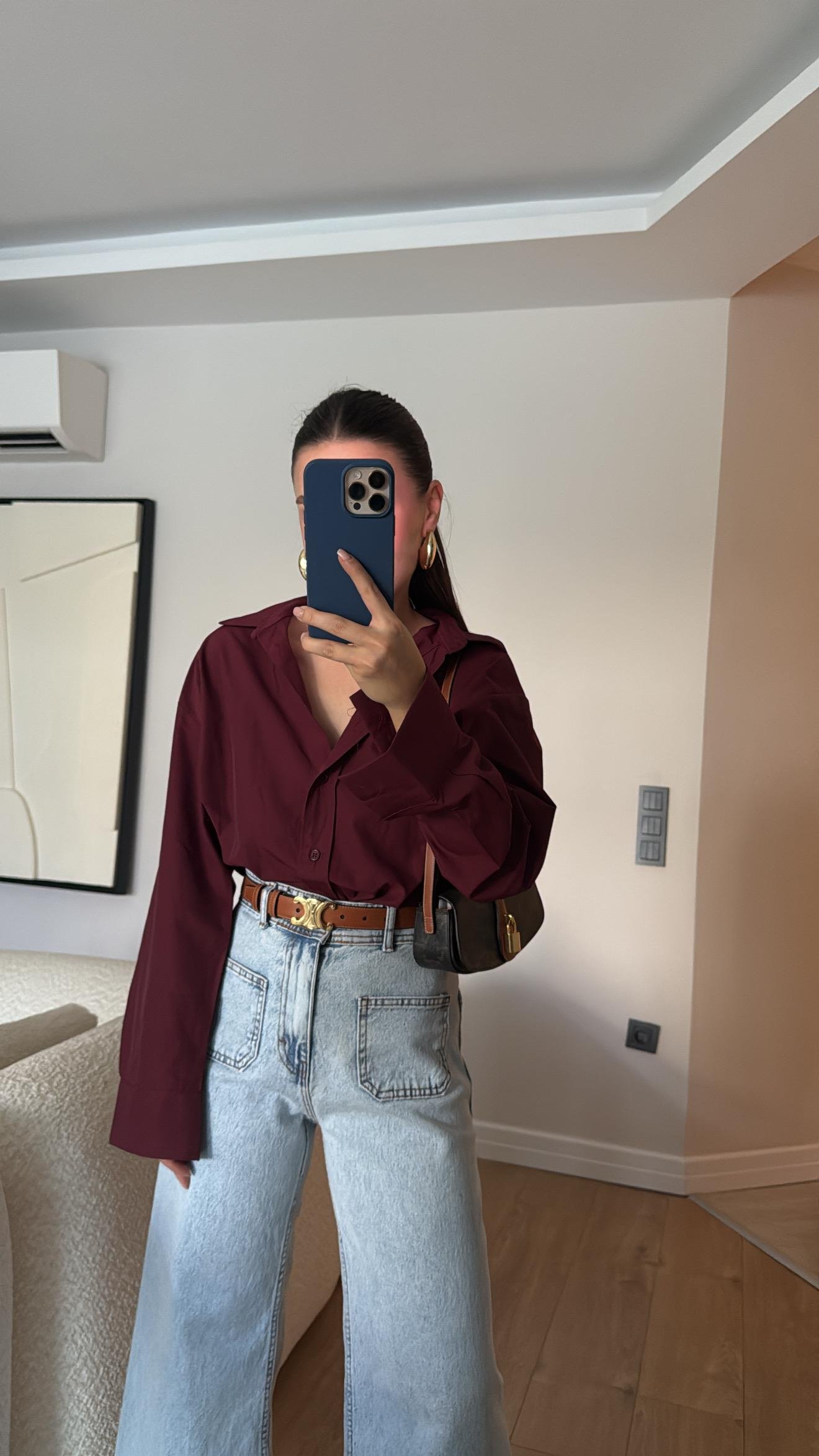 Bordo Yan Yırtmaçlı Poplin Kumaş Gömlek 