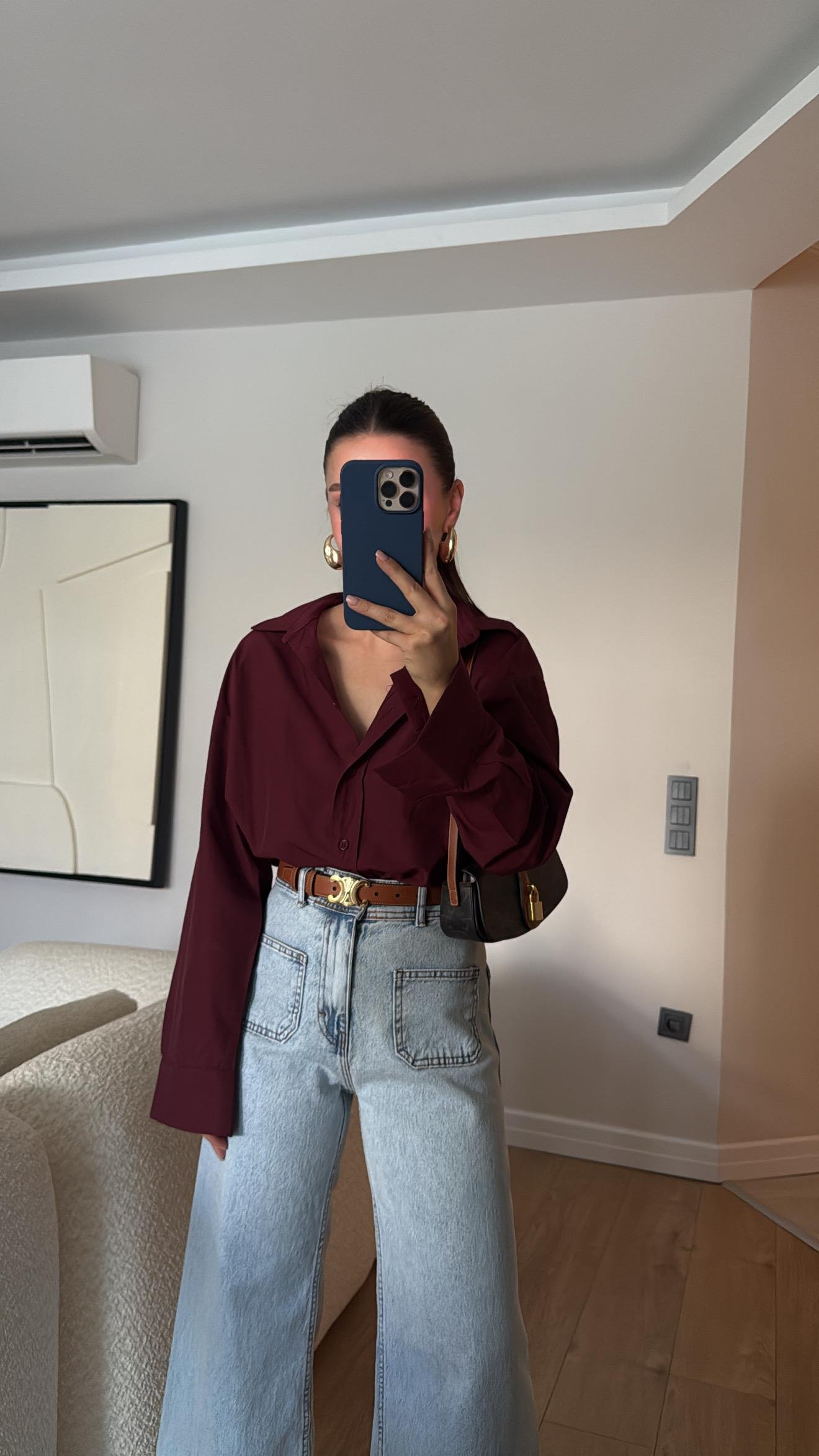 Bordo Yan Yırtmaçlı Poplin Kumaş Gömlek 