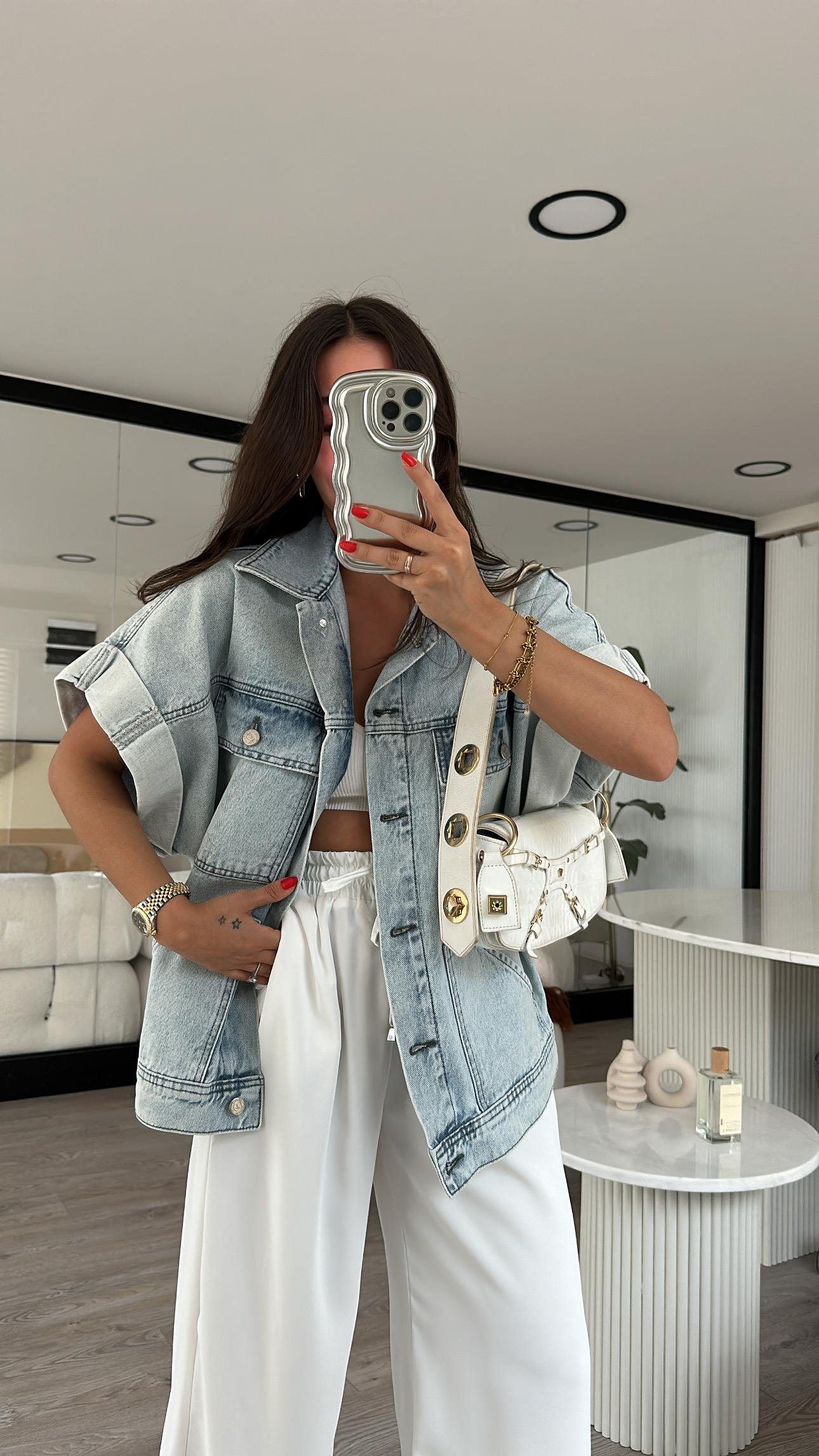 Buz Mavi Çift Cepli Kol Katlamalı Yelek 