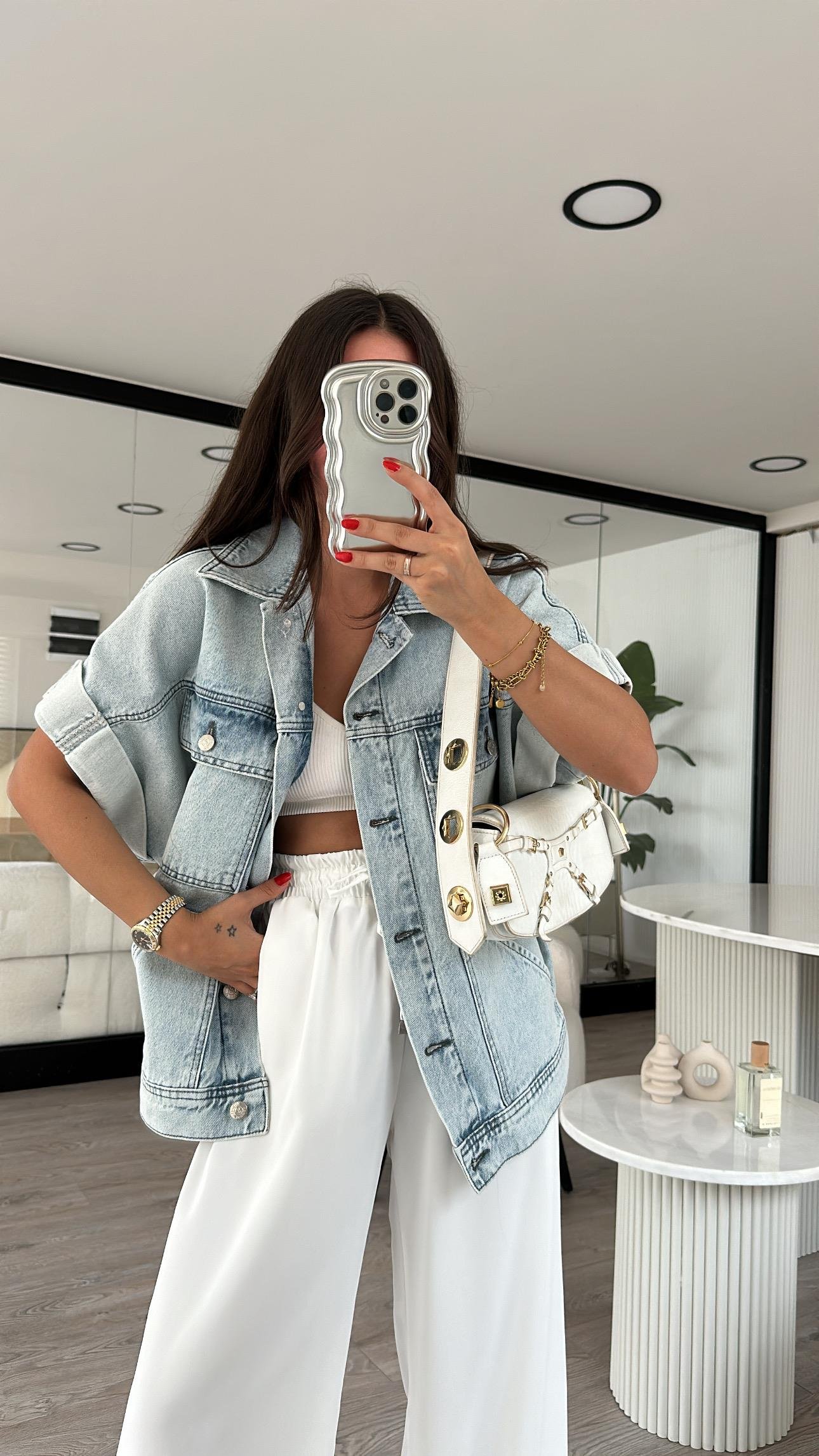 Buz Mavi Çift Cepli Kol Katlamalı Yelek 