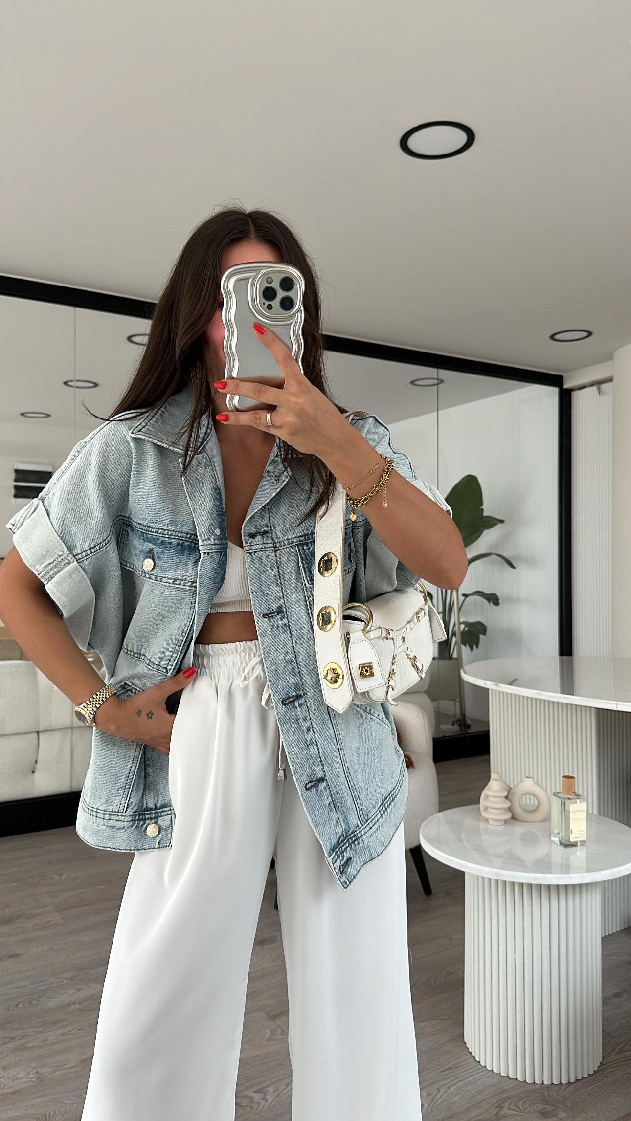 Buz Mavi Çift Cepli Kol Katlamalı Yelek 