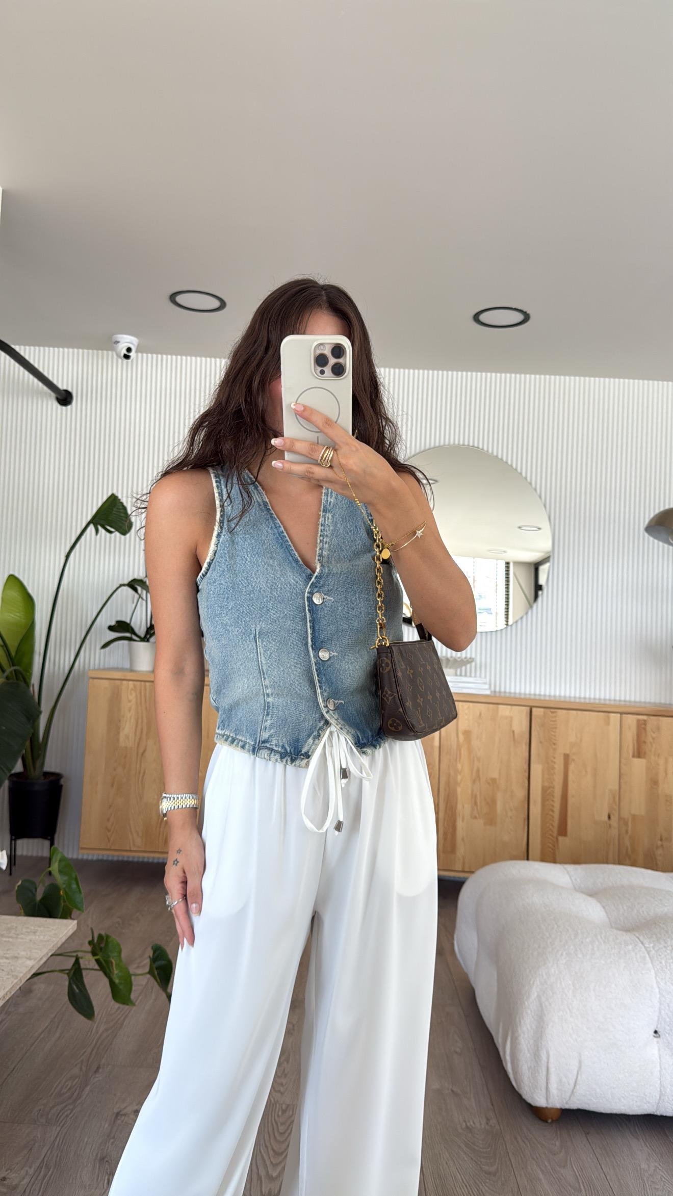 Buz Mavi Eskitmeli Düğmeli Jean Yelek