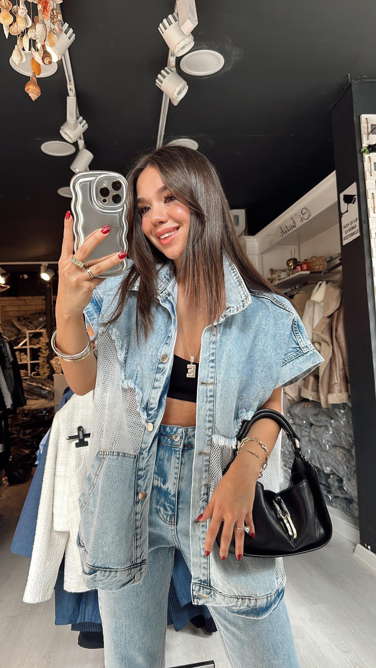 Gri Jean Detaylı File Yelek