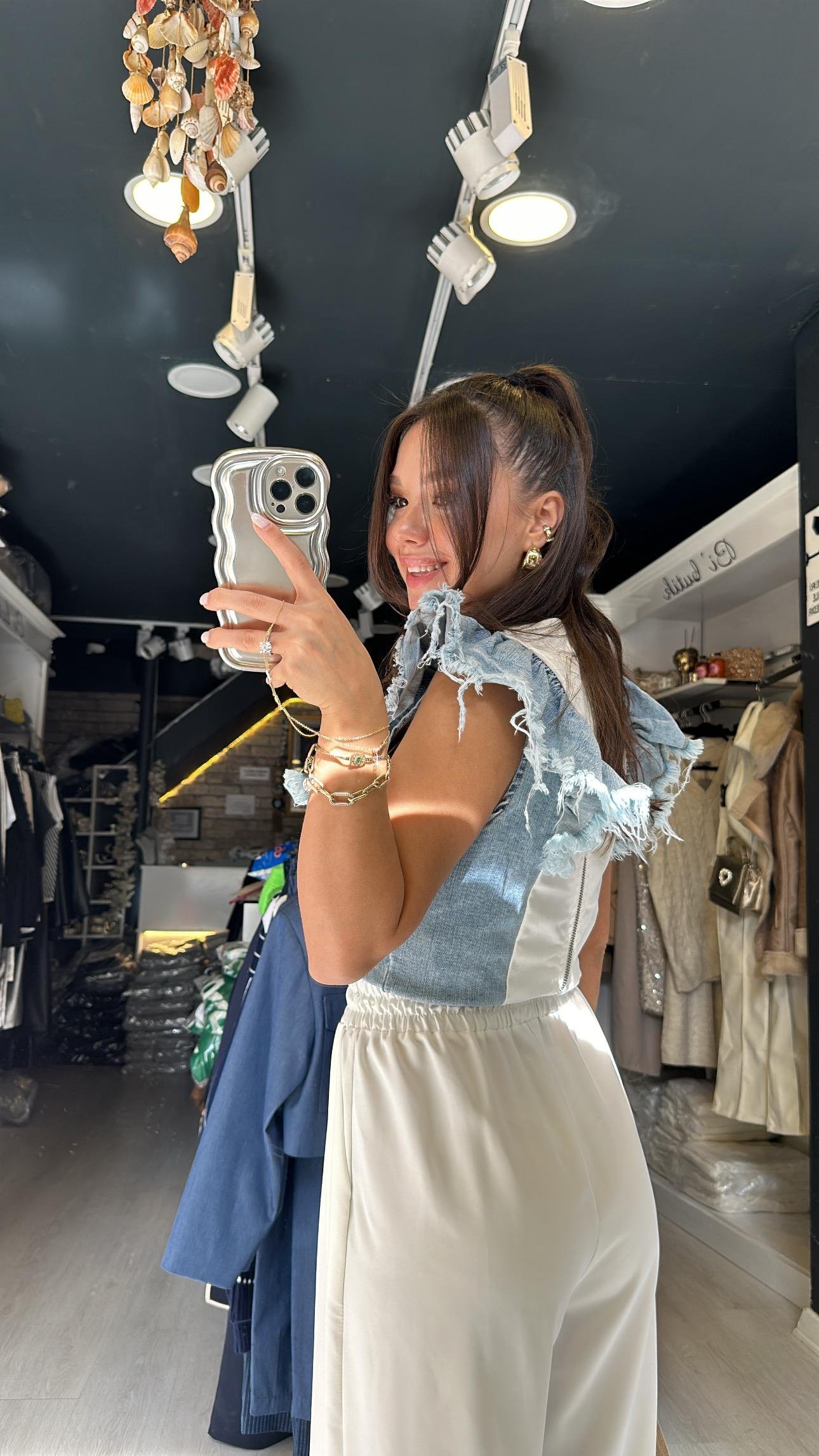 Buz Mavi Kol Fırfır Detaylı Jean Bluz