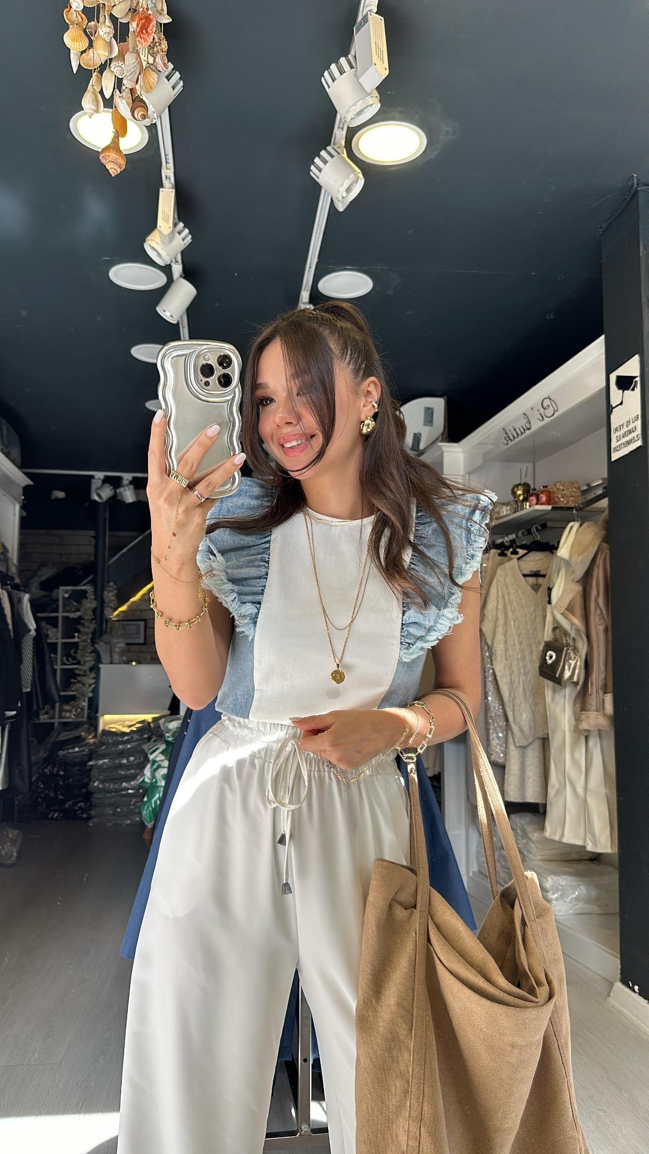 Buz Mavi Kol Fırfır Detaylı Jean Bluz