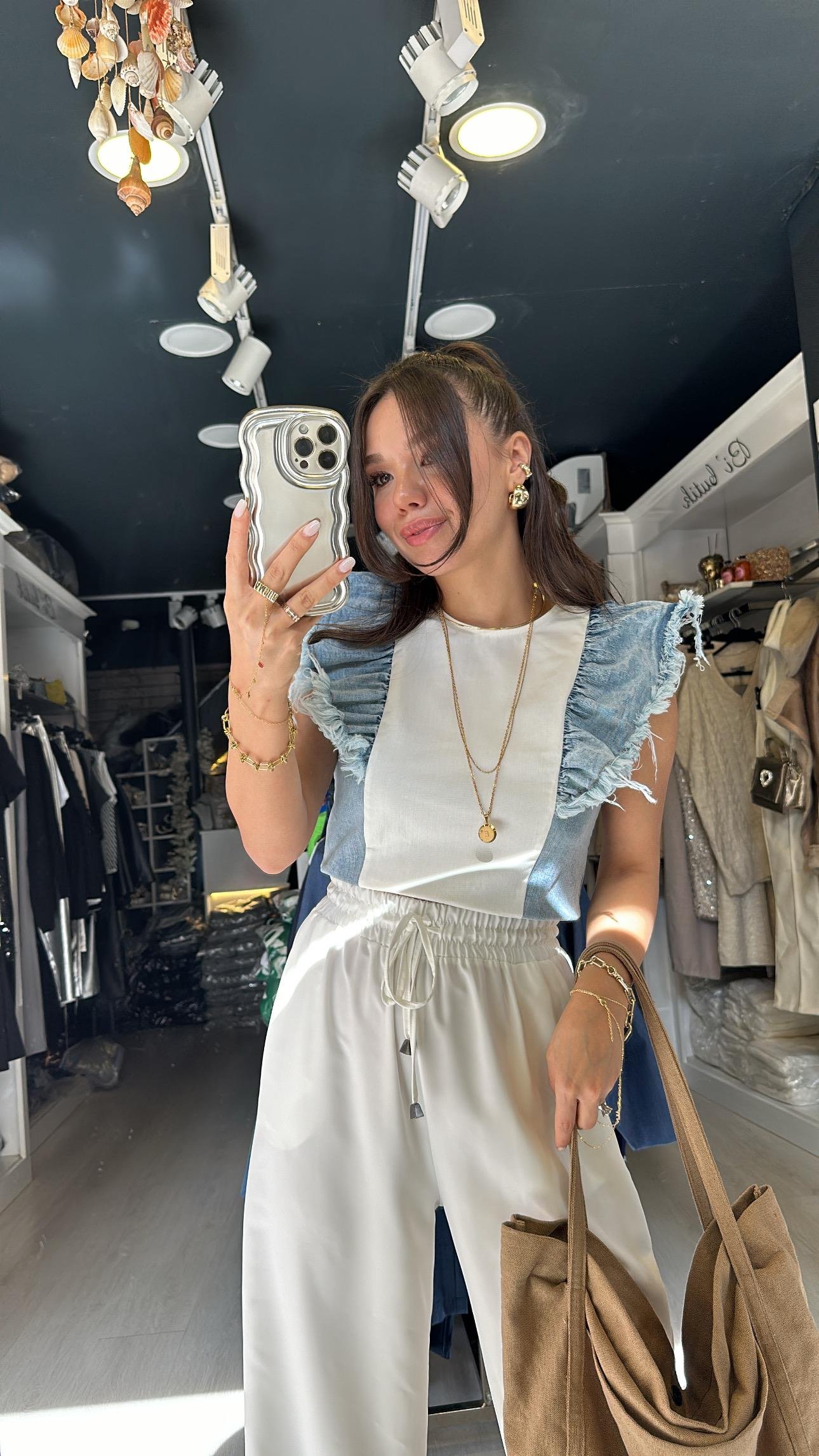 Buz Mavi Kol Fırfır Detaylı Jean Bluz