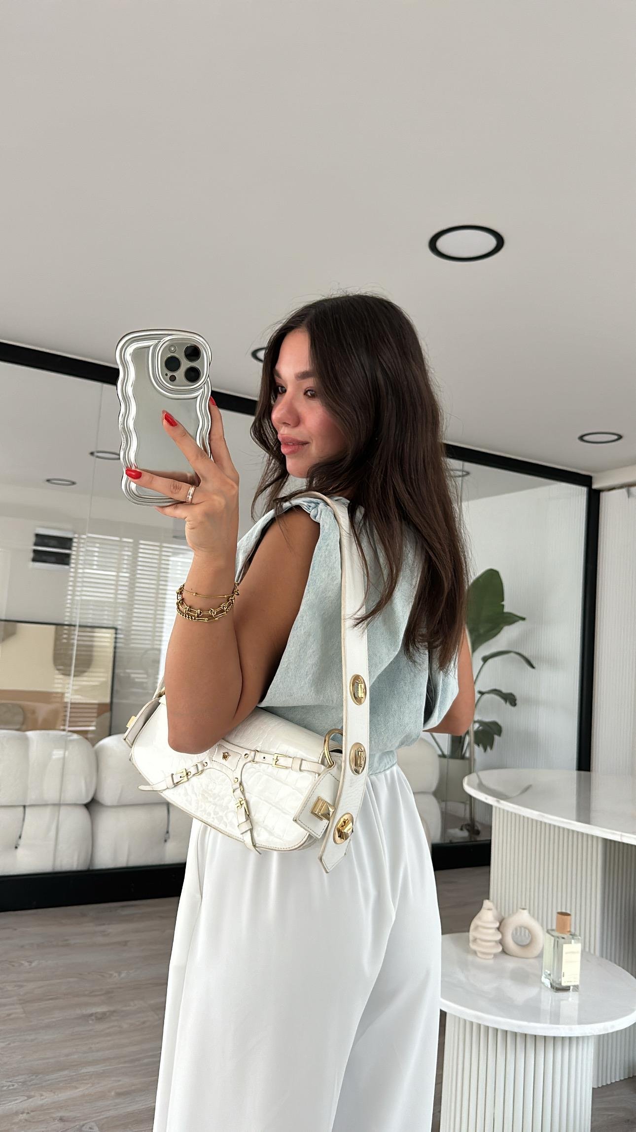 Buz Mavi Kolsuz Büzgülü Kot Bluz