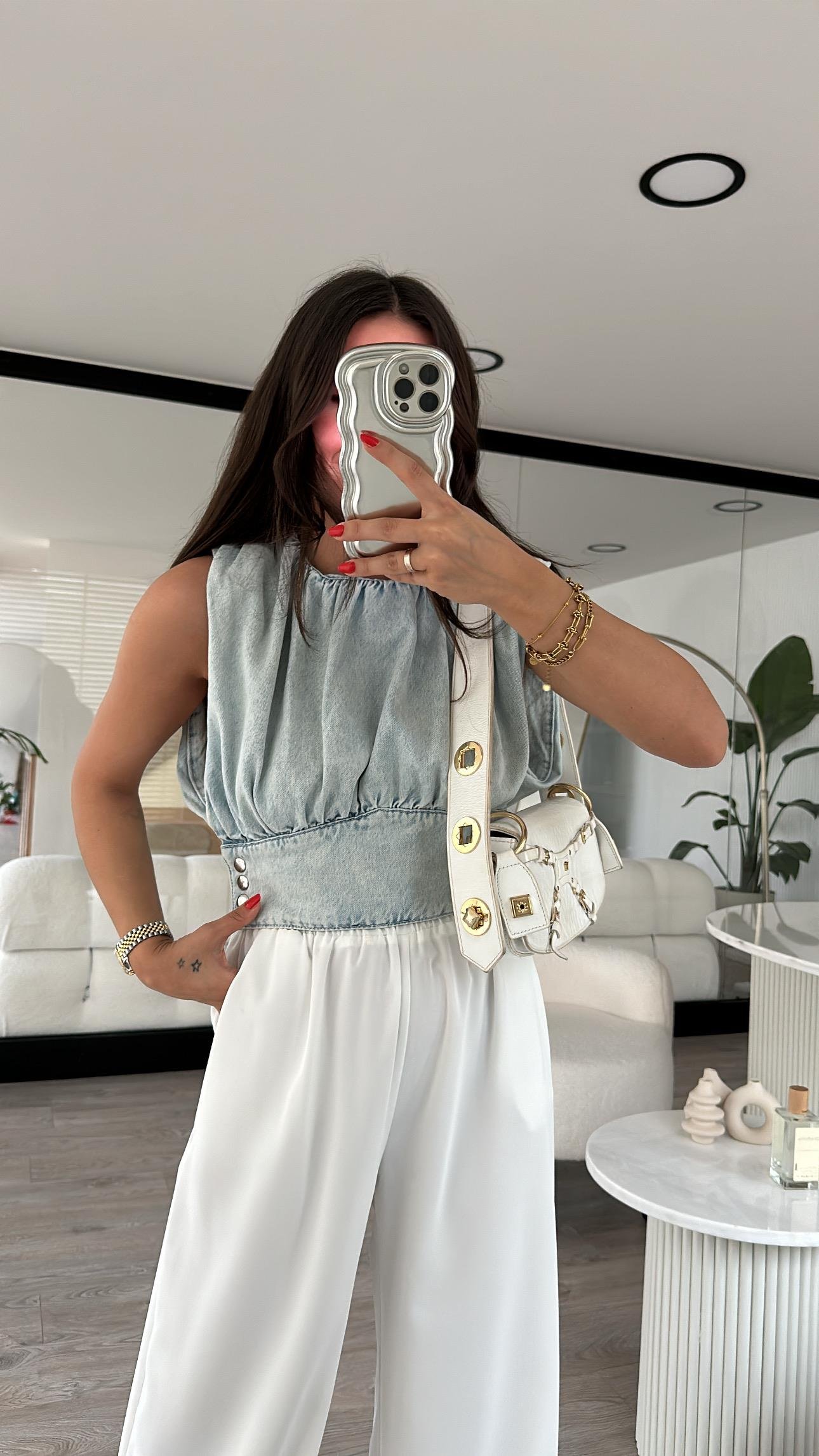 Buz Mavi Kolsuz Büzgülü Kot Bluz