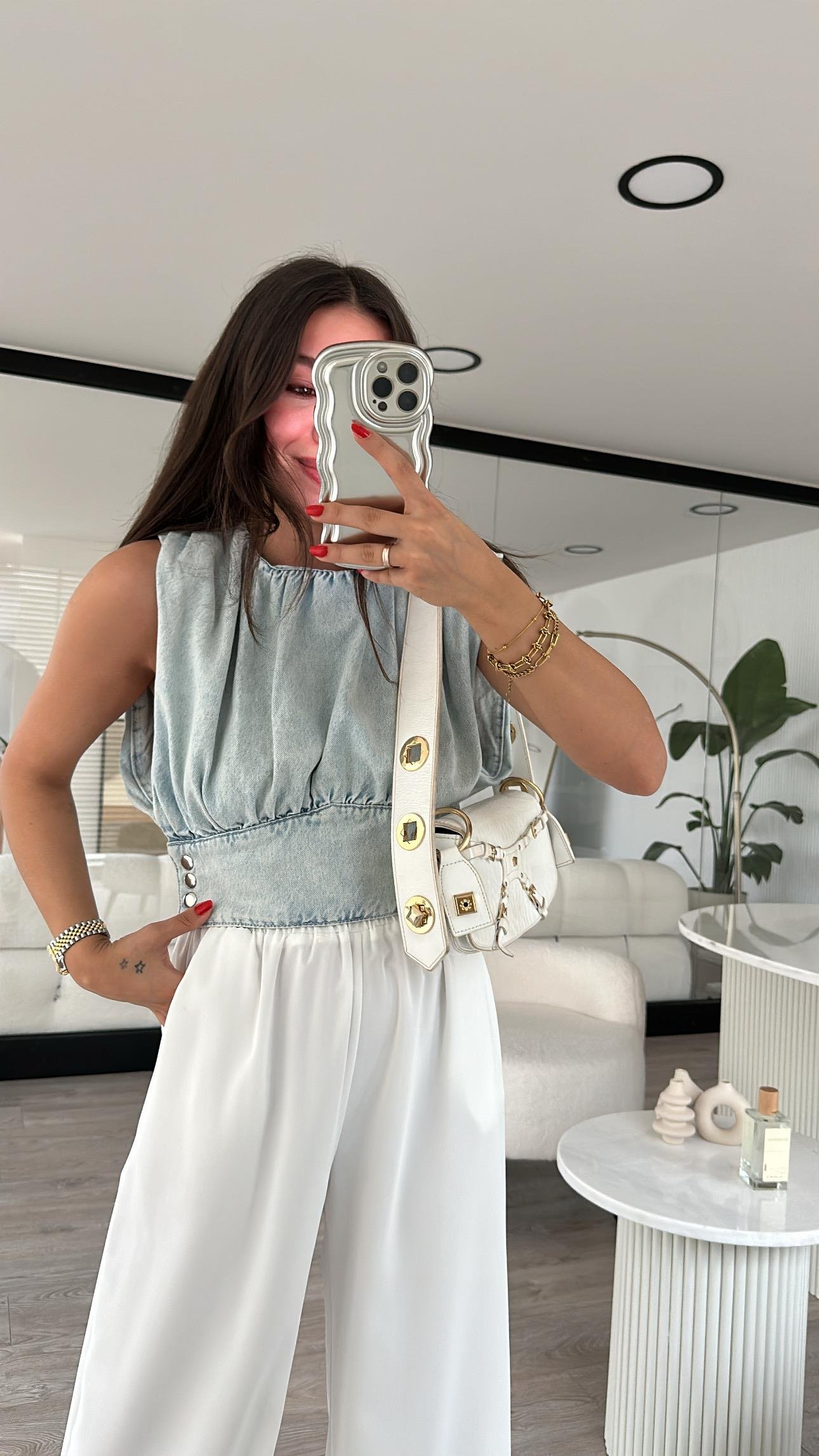 Buz Mavi Kolsuz Büzgülü Kot Bluz