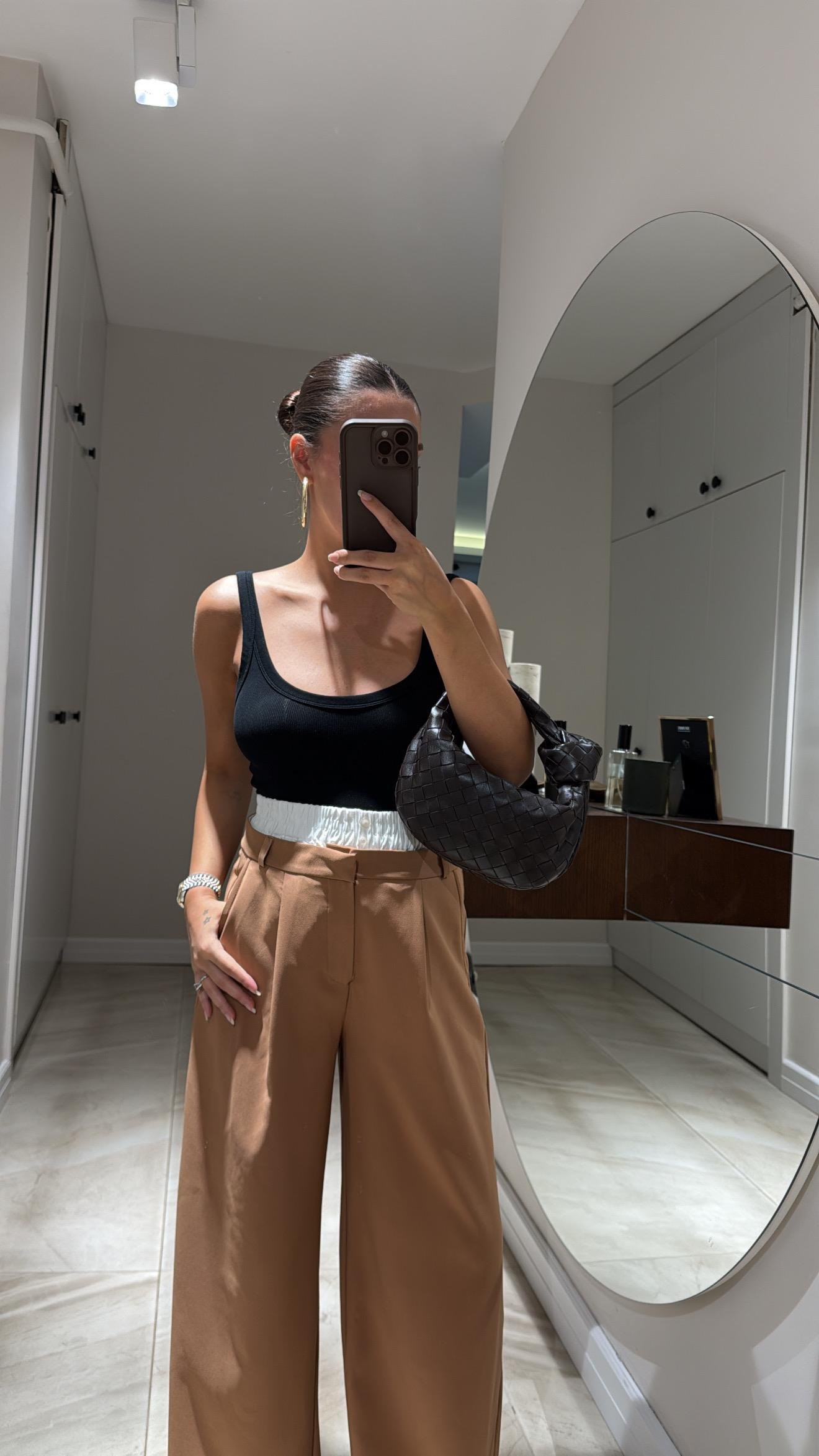 Camel Beyaz Lastik Bel Detaylı Bol Paça Pantolon