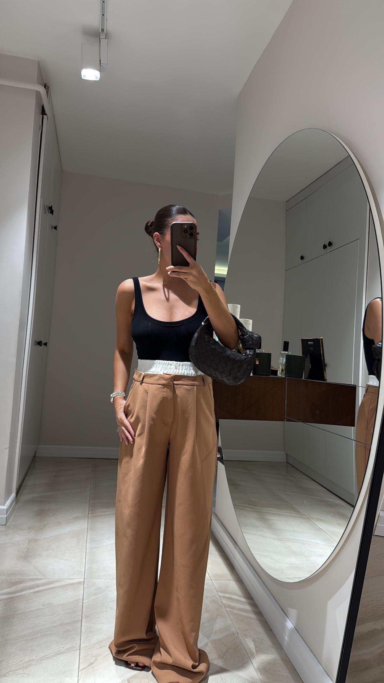 Camel Beyaz Lastik Bel Detaylı Bol Paça Pantolon