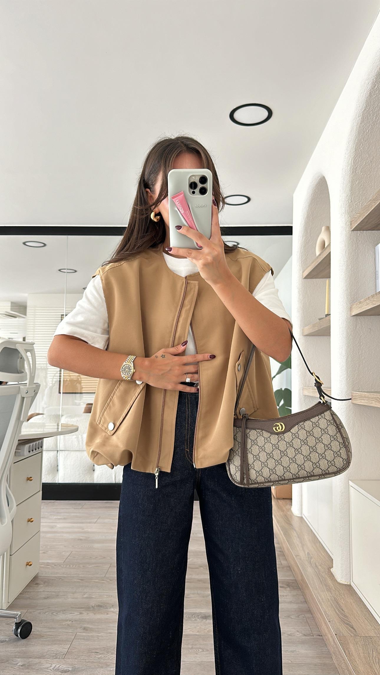 Camel Cep Detaylı Pileli Bomber Yelek