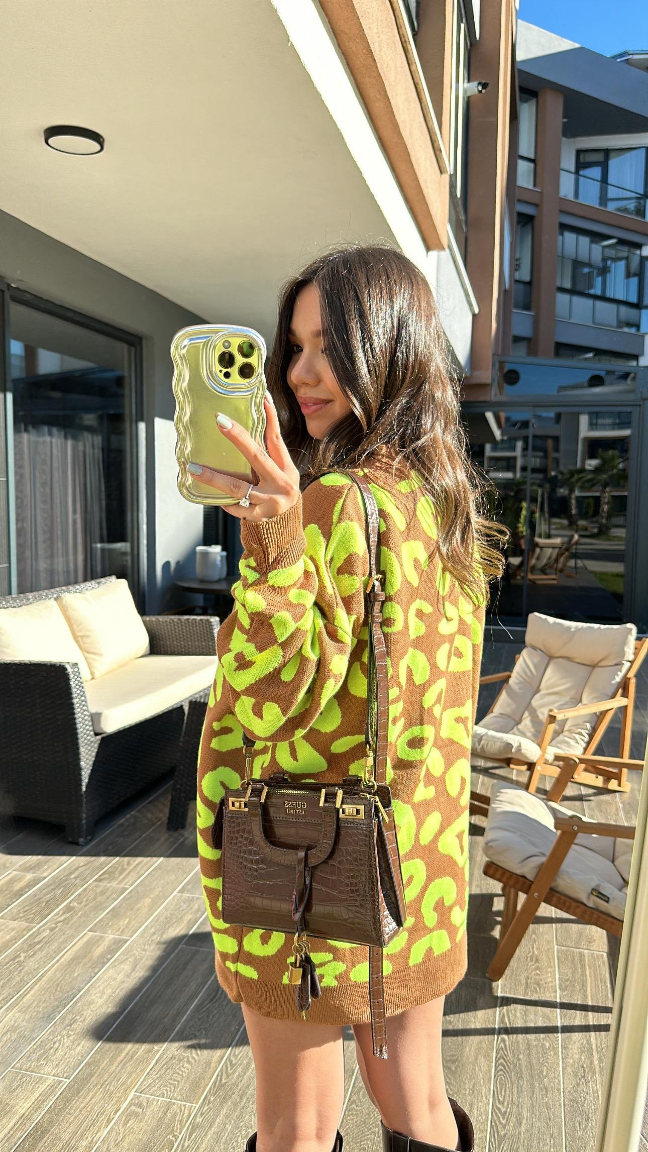 Camel Neon Sarı Desenli Düğmeli Hırka