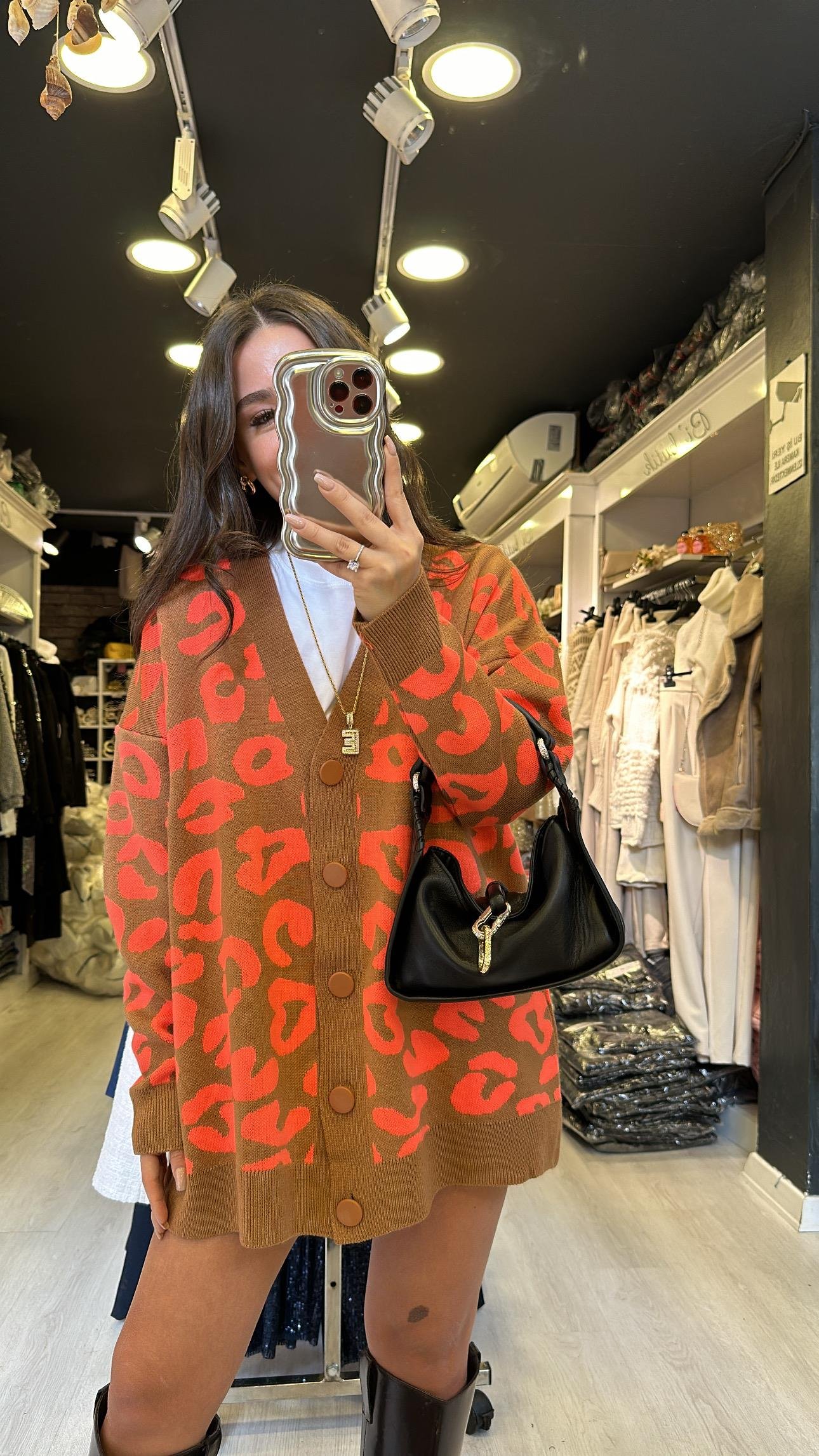 Camel Neon Turuncu Desenli Düğmeli Hırka 