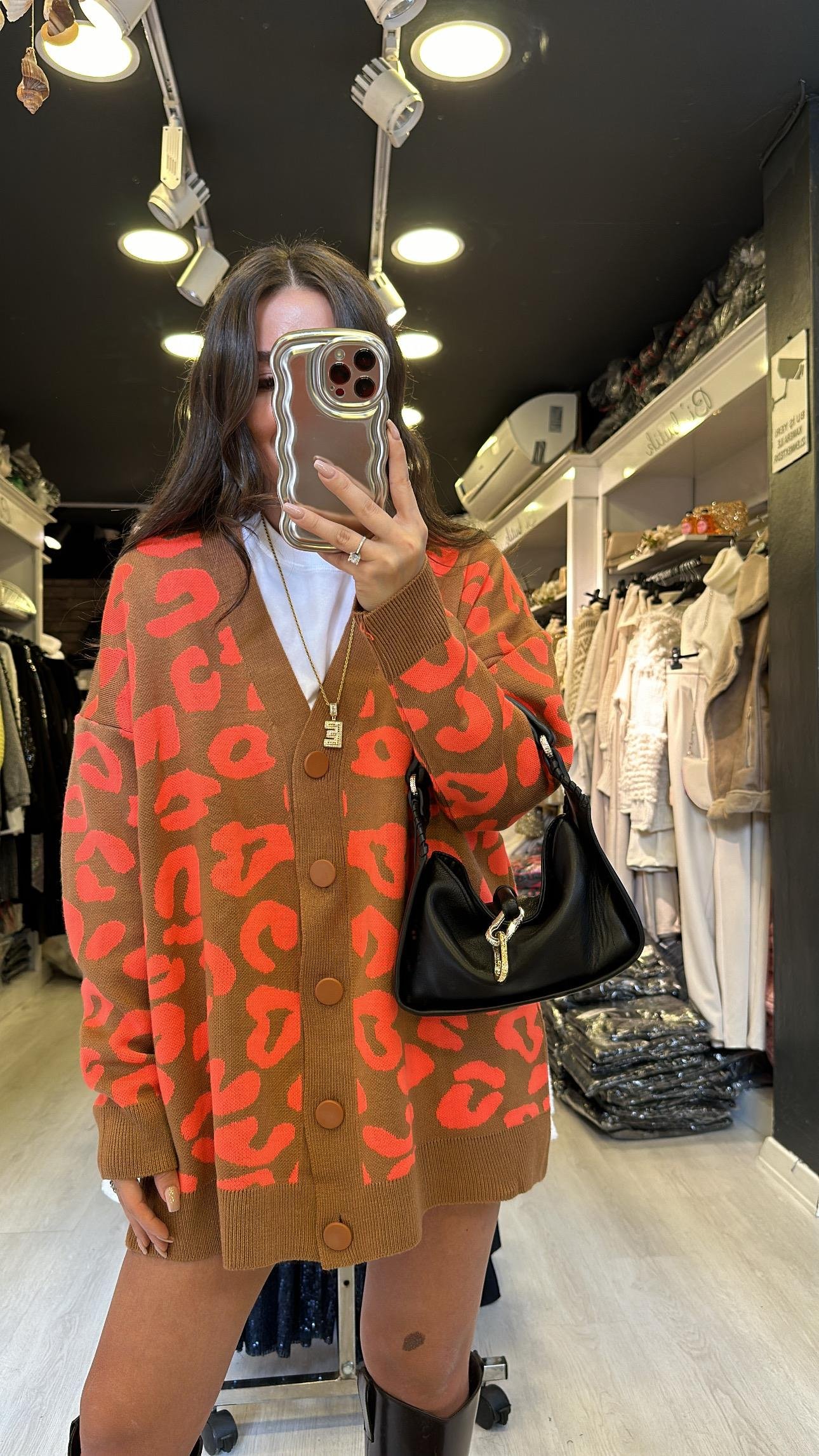 Camel Neon Turuncu Desenli Düğmeli Hırka 