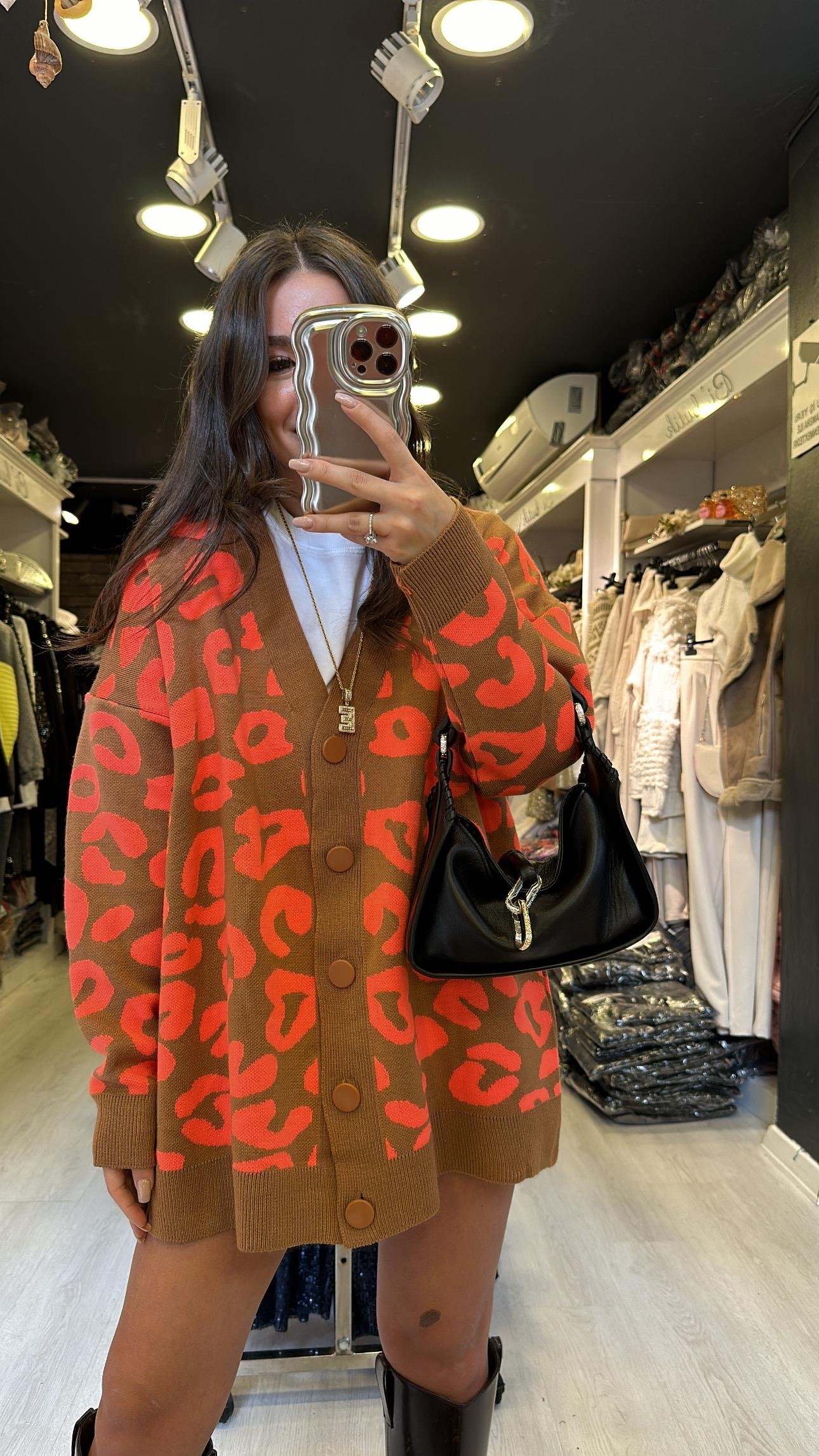 Camel Neon Turuncu Desenli Düğmeli Hırka 