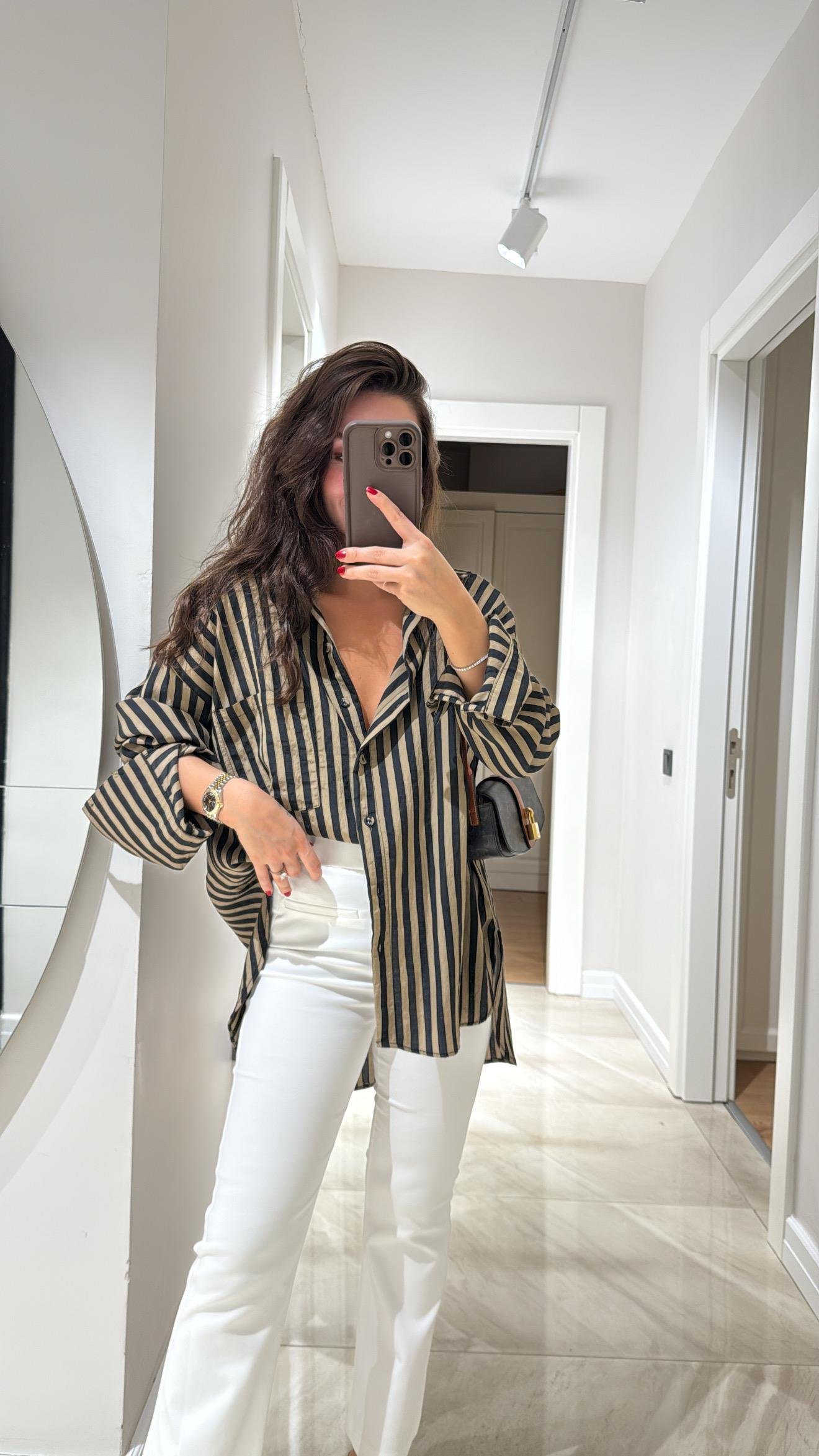 Haki Siyah Çizgili Ön Cepli Oversize Gömlek