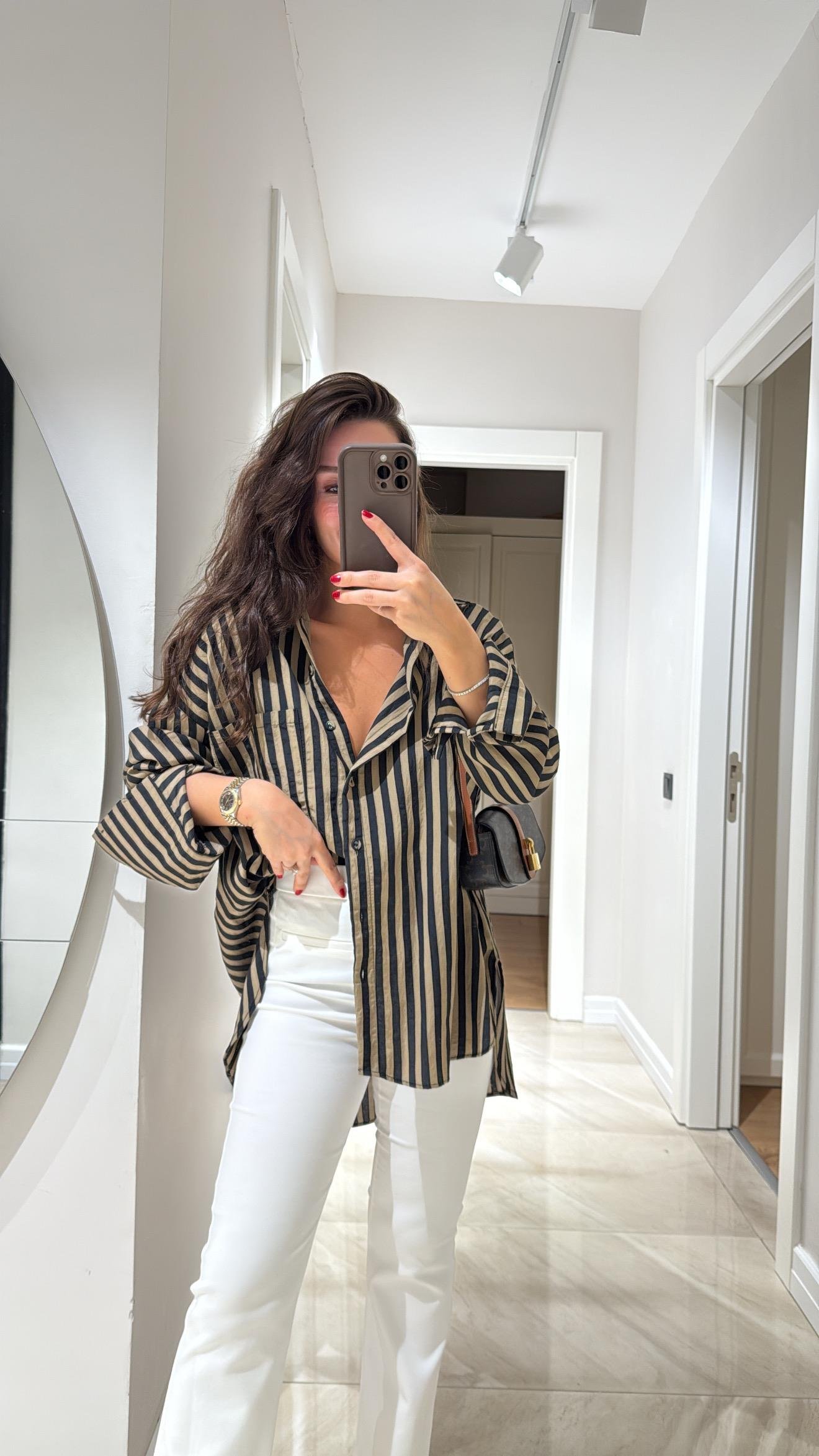 Haki Siyah Çizgili Ön Cepli Oversize Gömlek