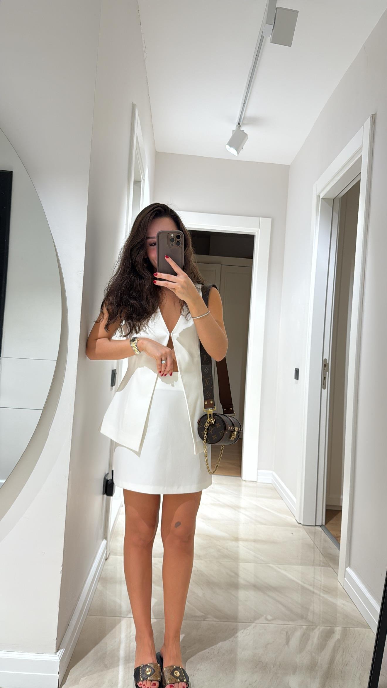 Ekru Arka Pens Detaylı Fermuarlı Etek