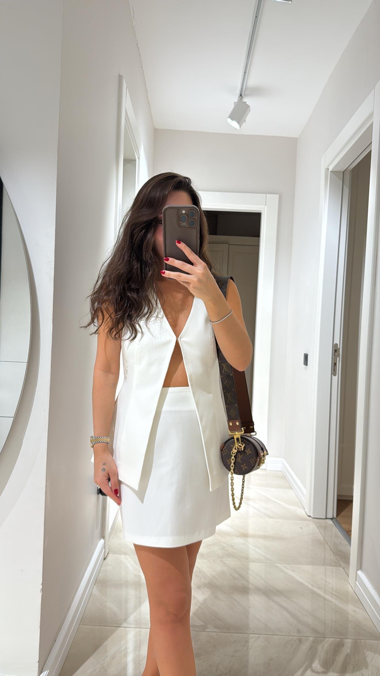 Ekru Arka Pens Detaylı Fermuarlı Etek