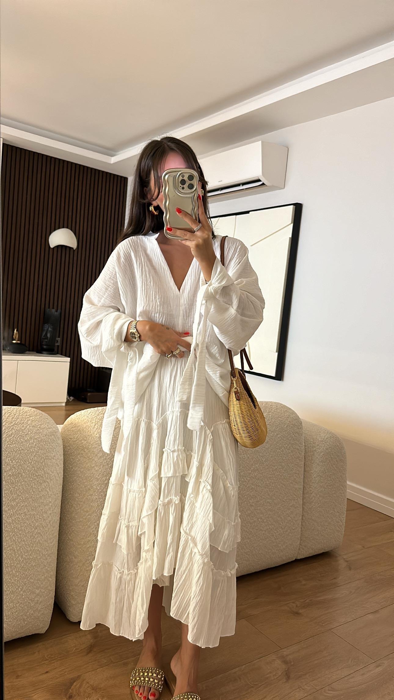 Ekru Asimetrik Volanlı Etek