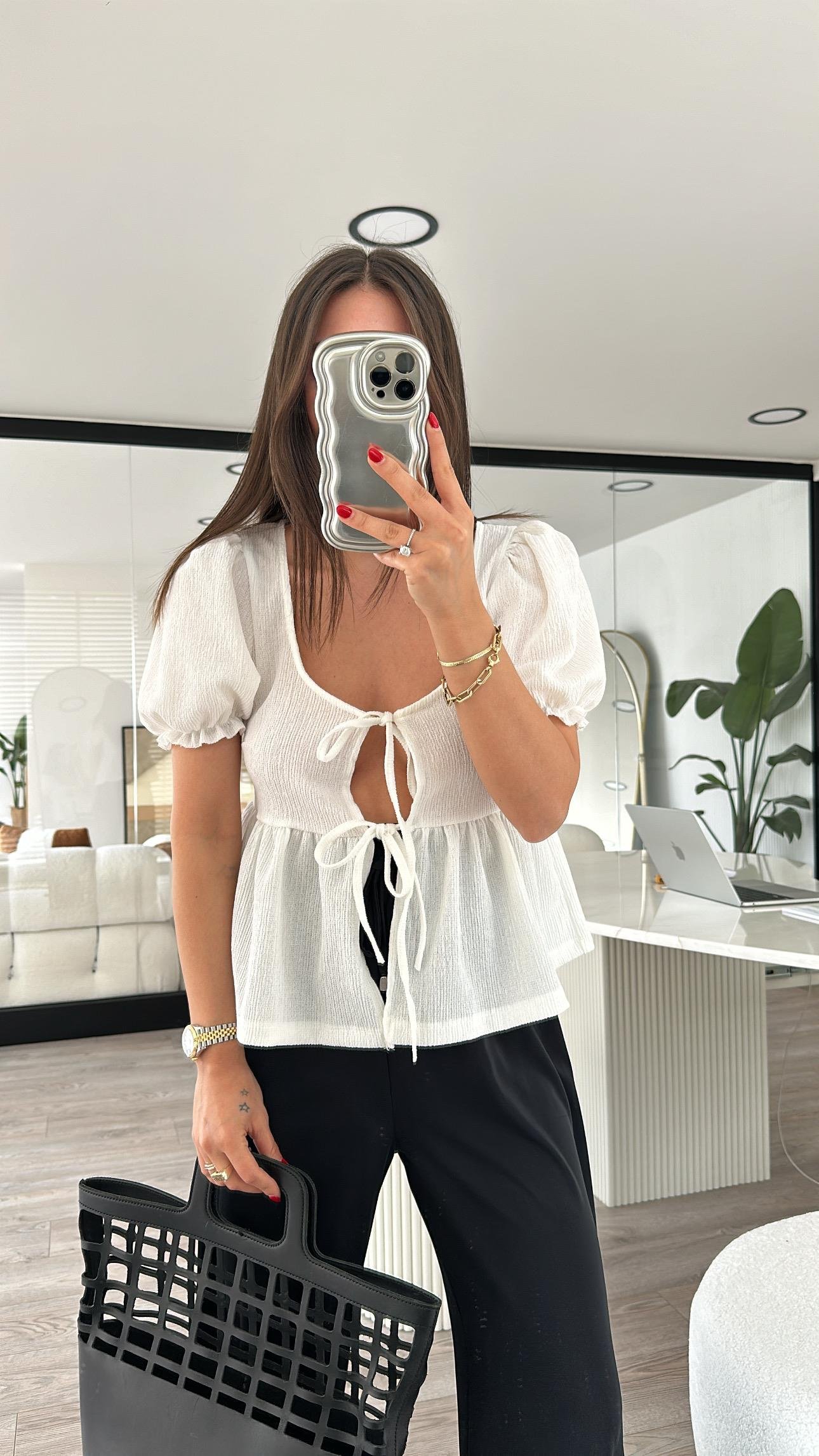 Ekru Balon Kol Önden Bağlamalı Bluz