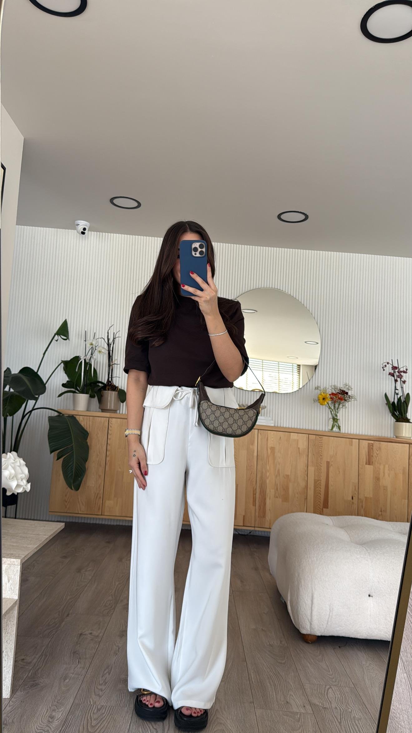 Ekru Bel Detaylı Bağlamalı Bol Paça Ravi Pantolon