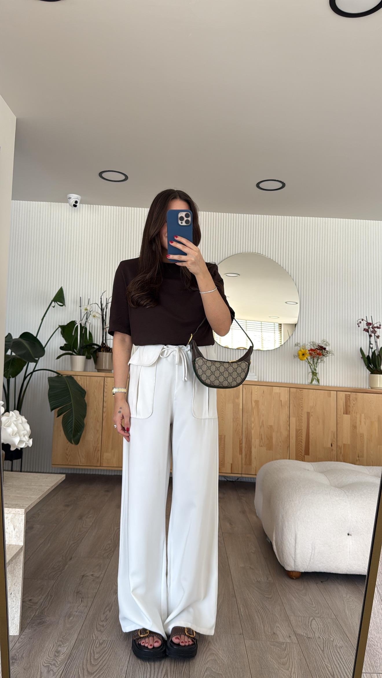 Ekru Bel Detaylı Bağlamalı Bol Paça Ravi Pantolon