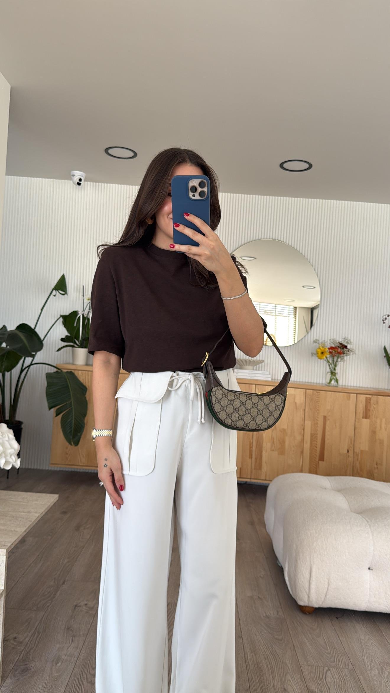 Ekru Bel Detaylı Bağlamalı Bol Paça Ravi Pantolon