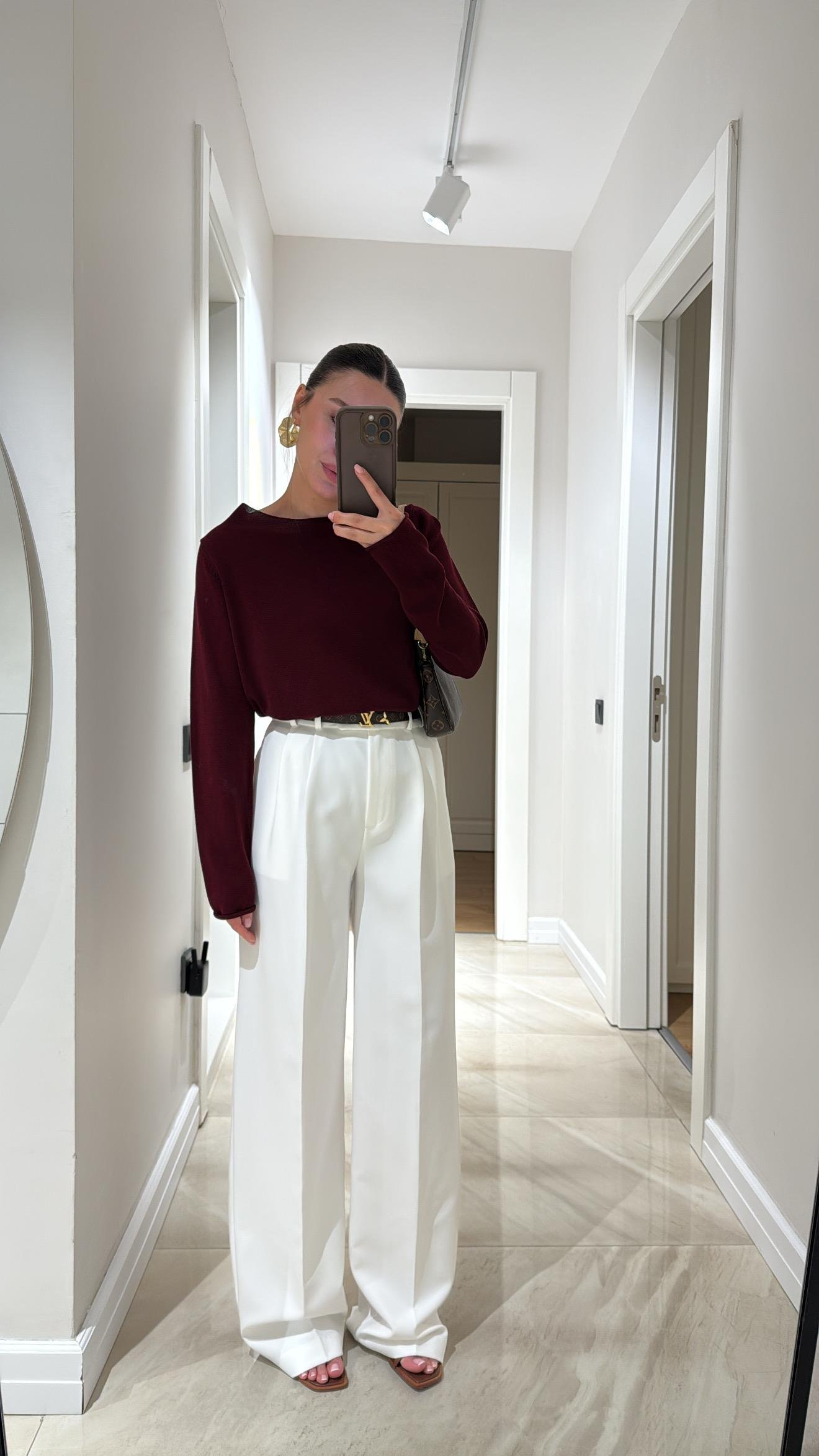 Ekru Bel Detaylı Premium Palazzo Pantolon