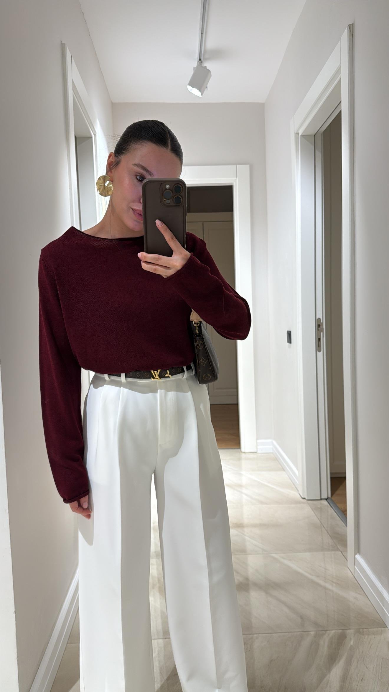 Ekru Bel Detaylı Premium Palazzo Pantolon