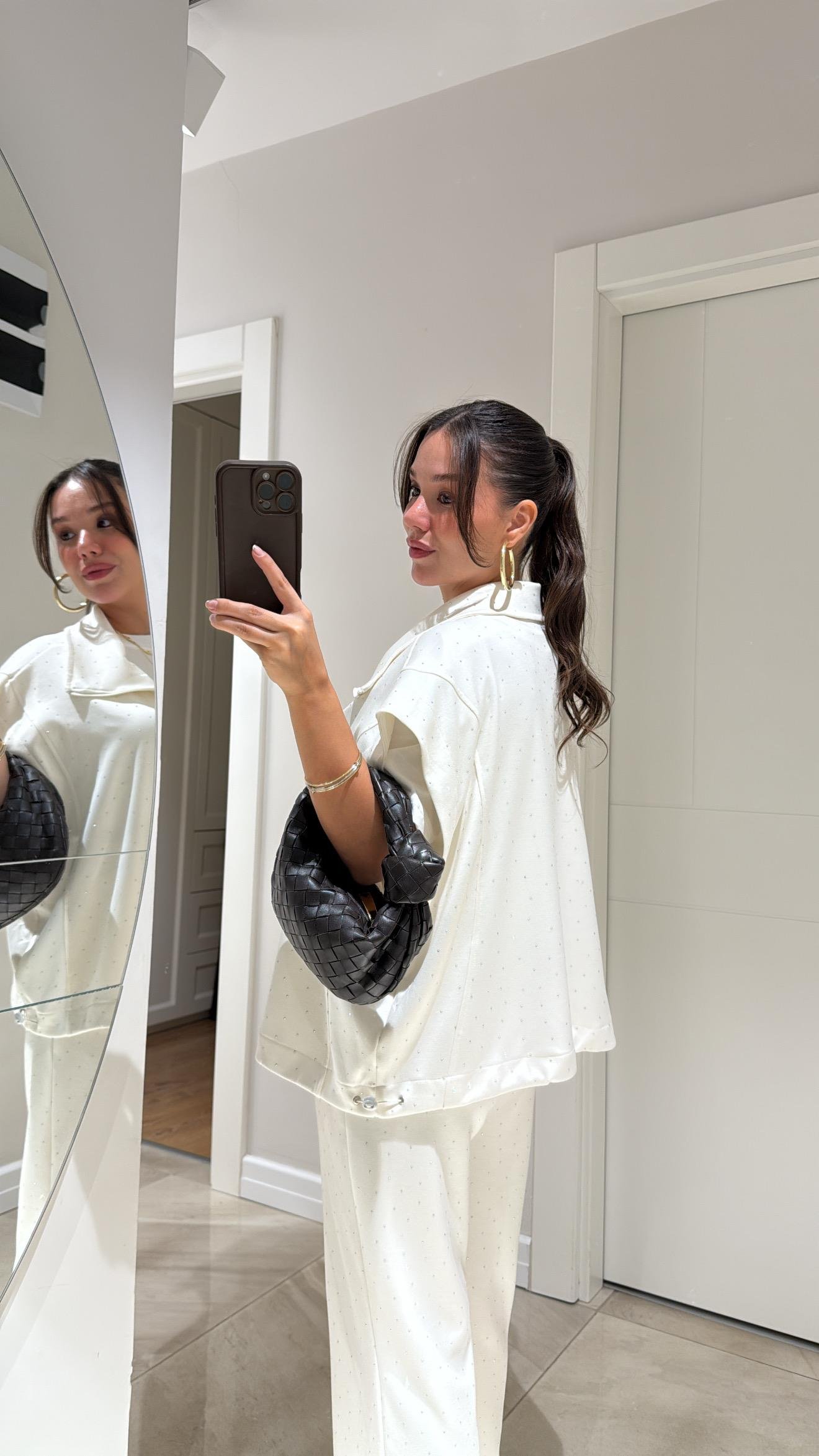 Ekru Bel Lastikli Taşlı Pantolon Takım