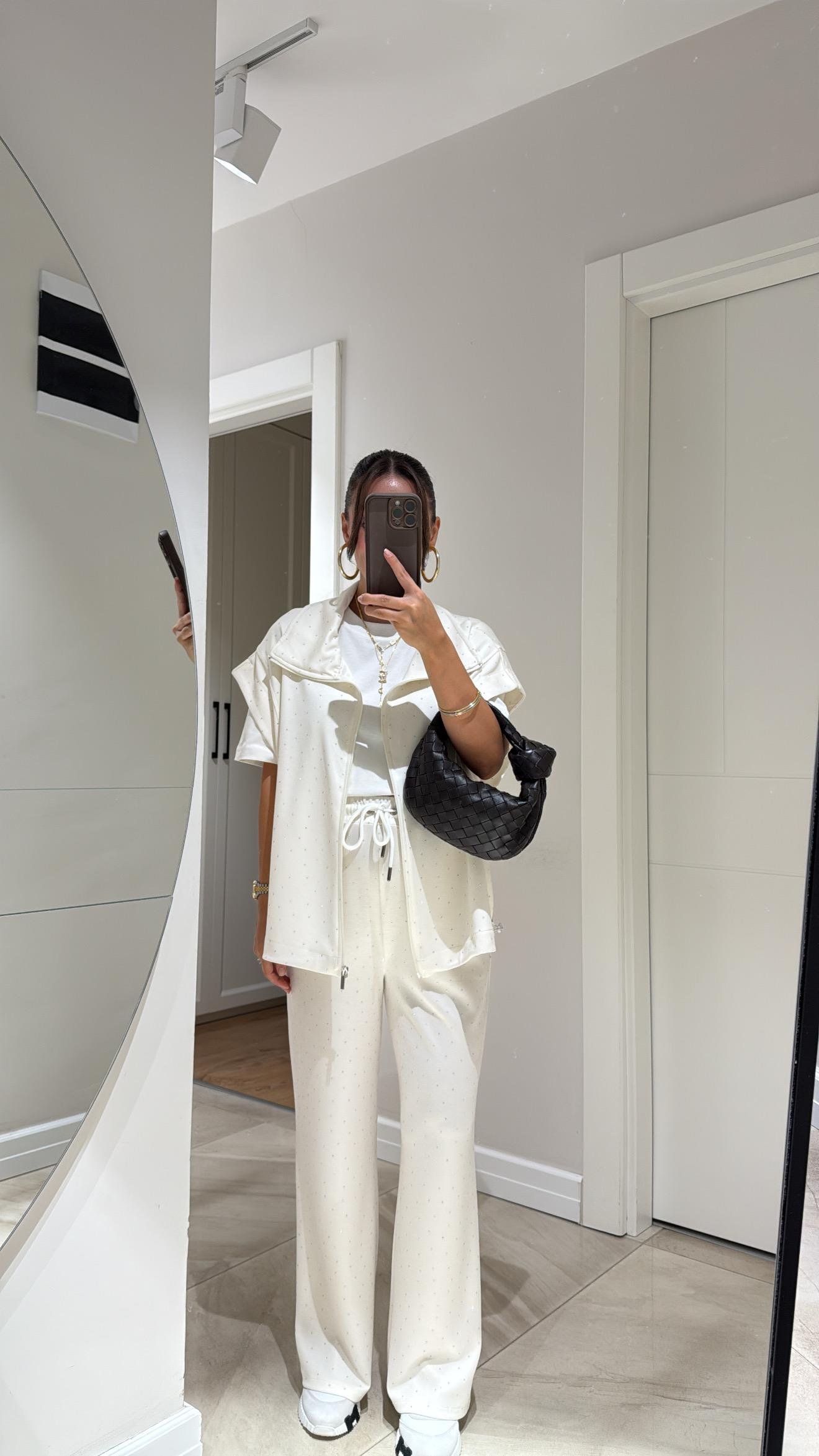 Ekru Bel Lastikli Taşlı Pantolon Takım