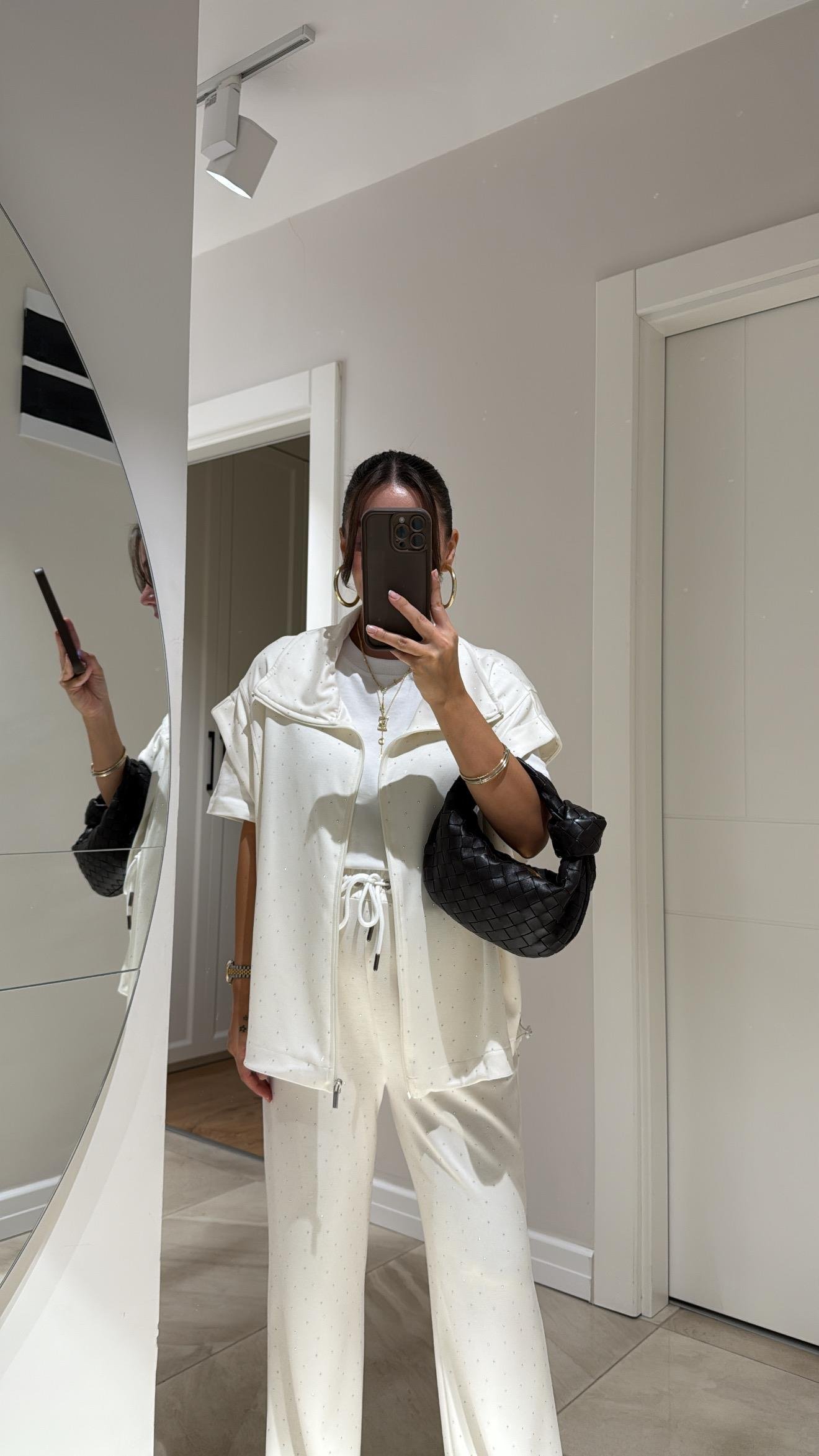 Ekru Bel Lastikli Taşlı Pantolon Takım