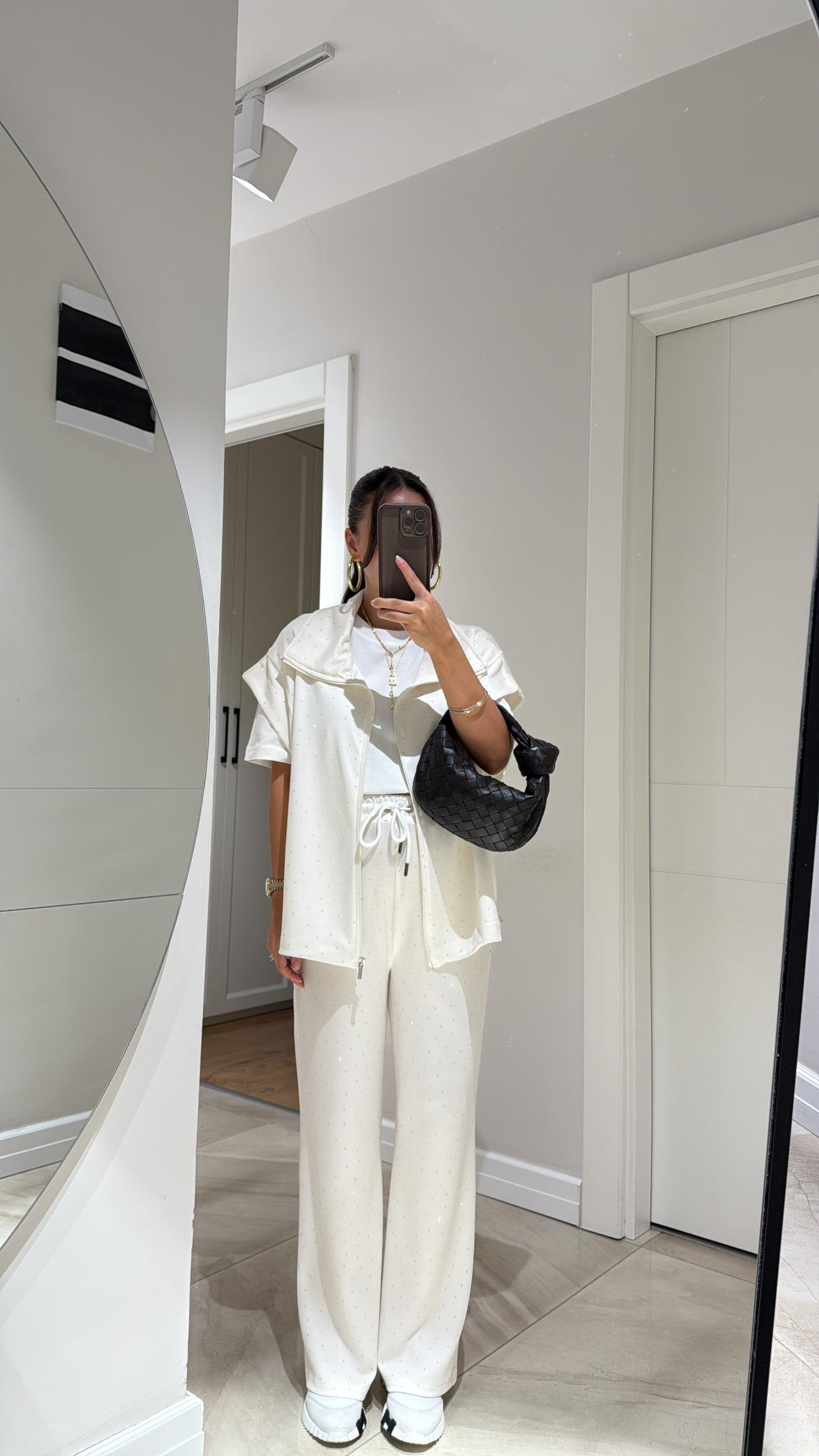 Ekru Bel Lastikli Taşlı Pantolon Takım