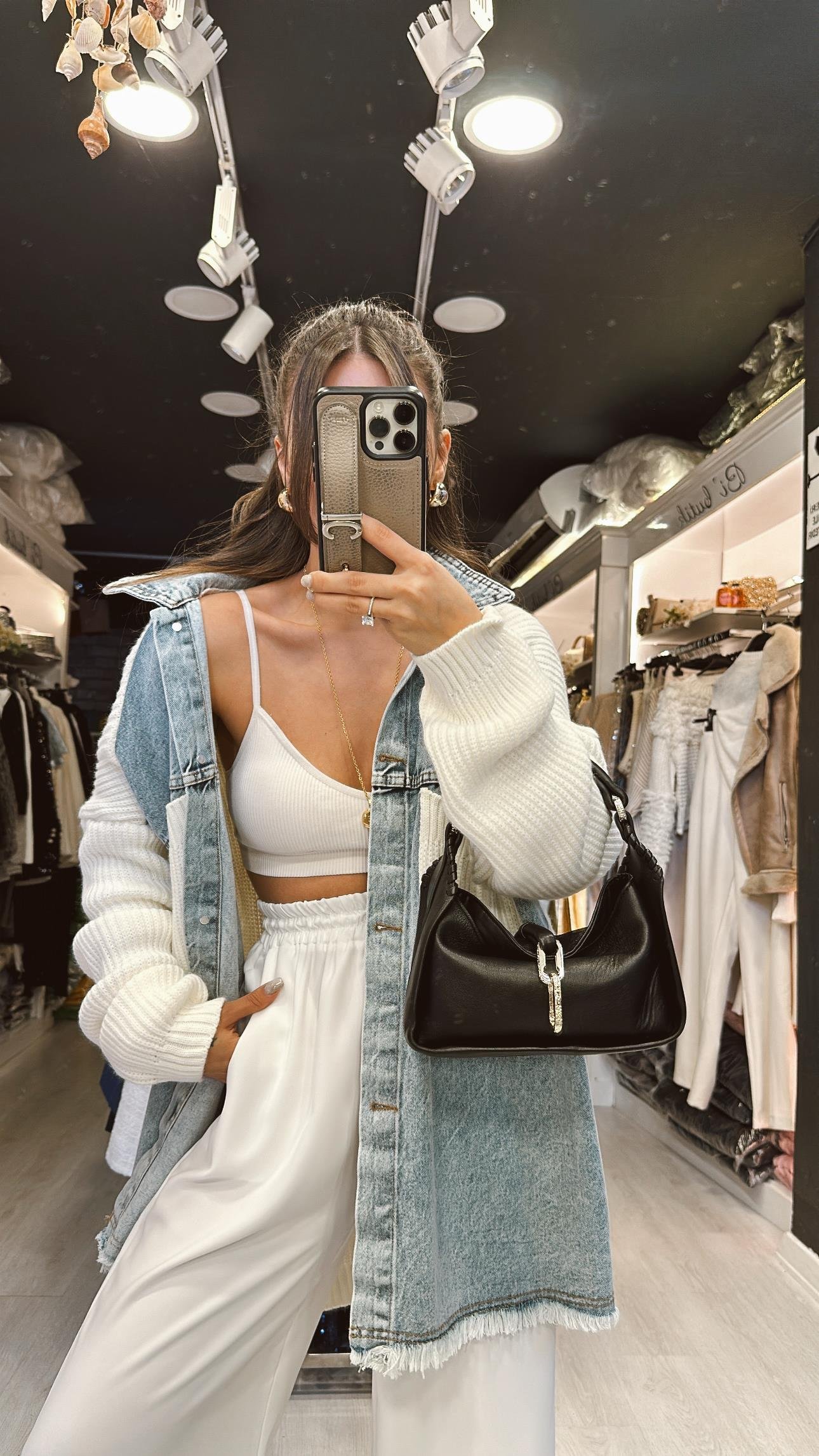 Ekru Cep Detaylı Püsküllü Jean Hırka