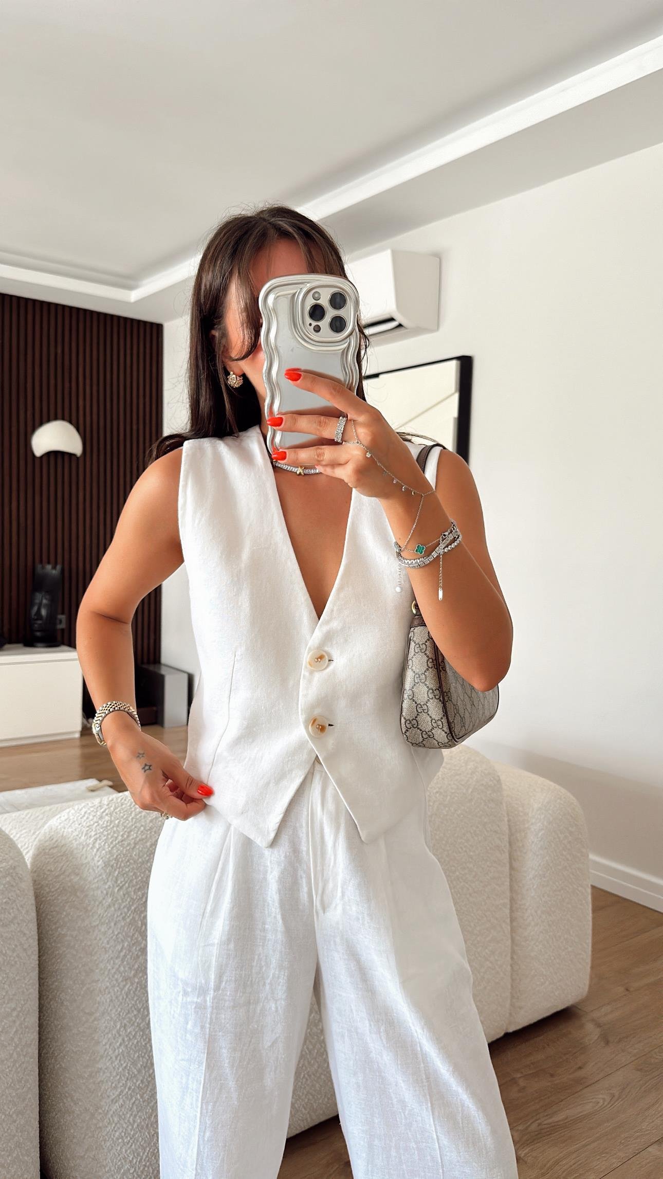 Ekru Çift Düğmeli Keten Yelek