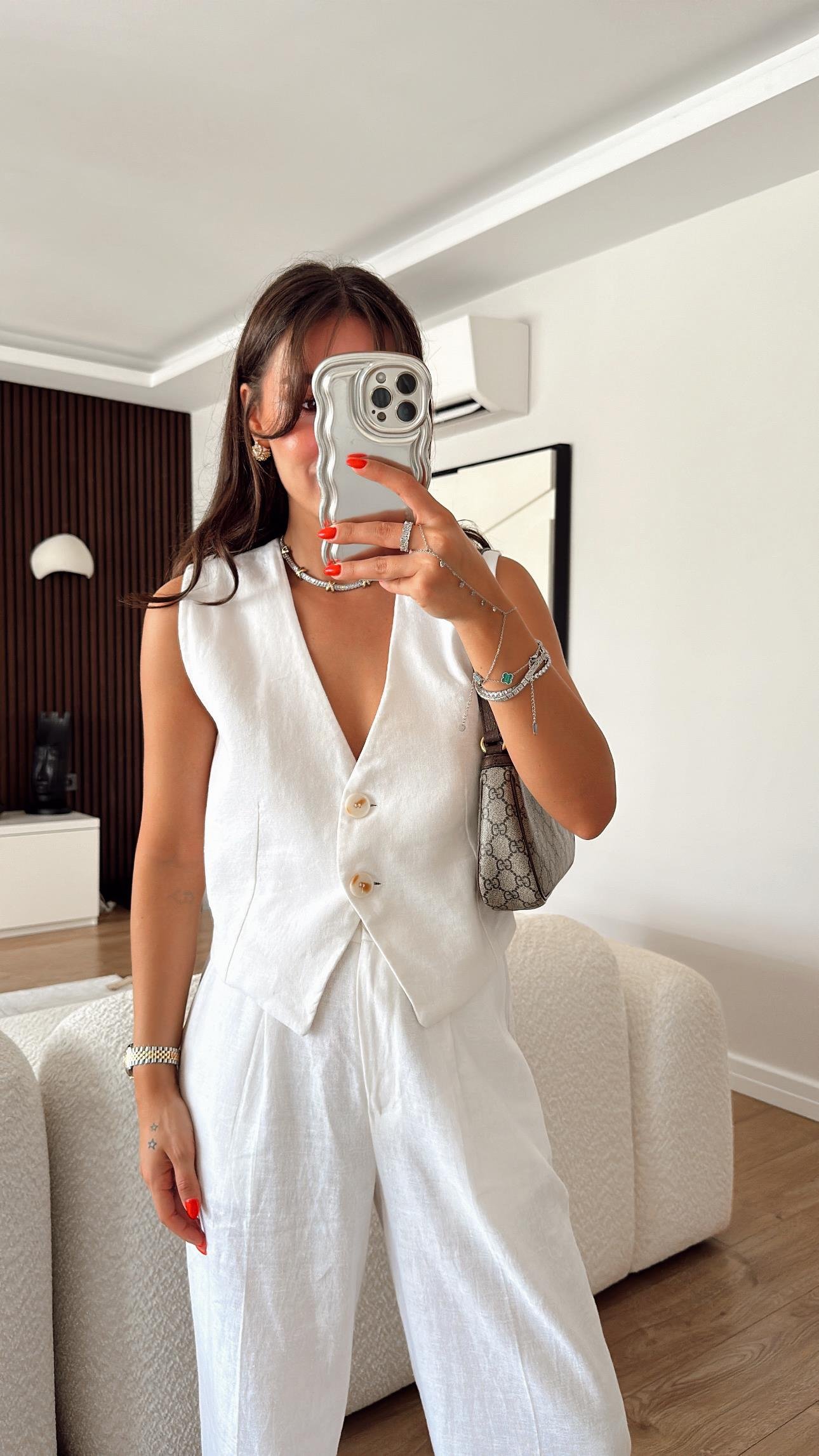 Ekru Çift Düğmeli Keten Yelek