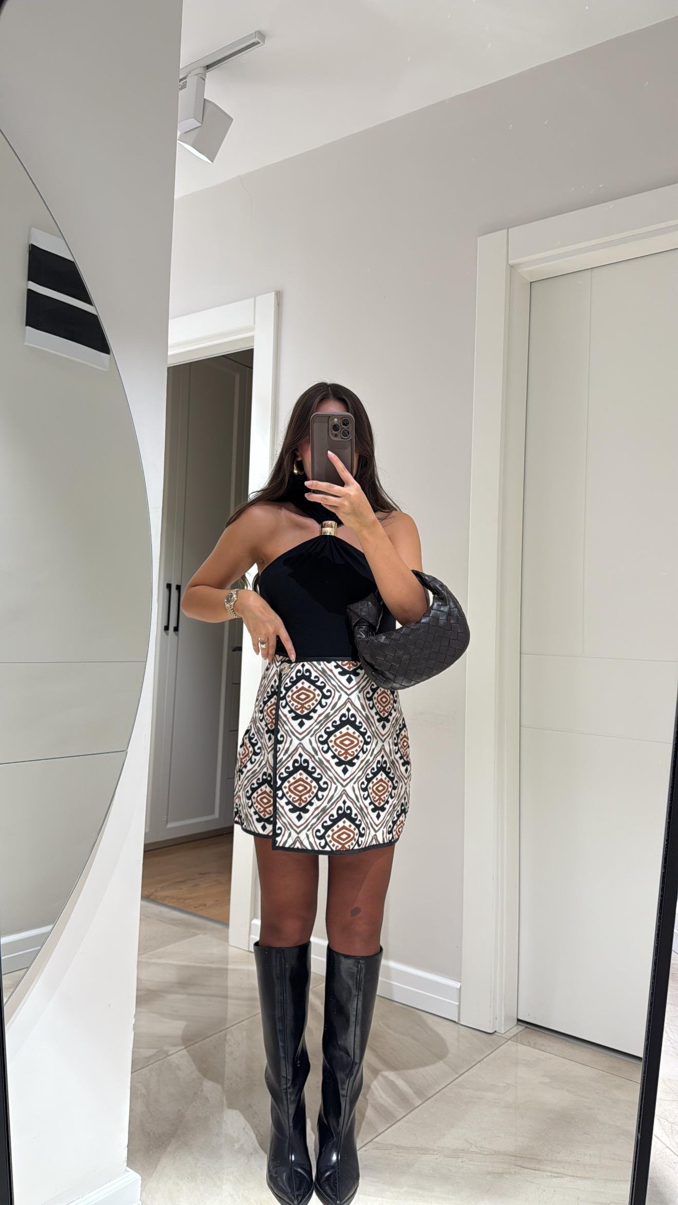 Ekru Çok Renkli Etnik Desen Şort Etek