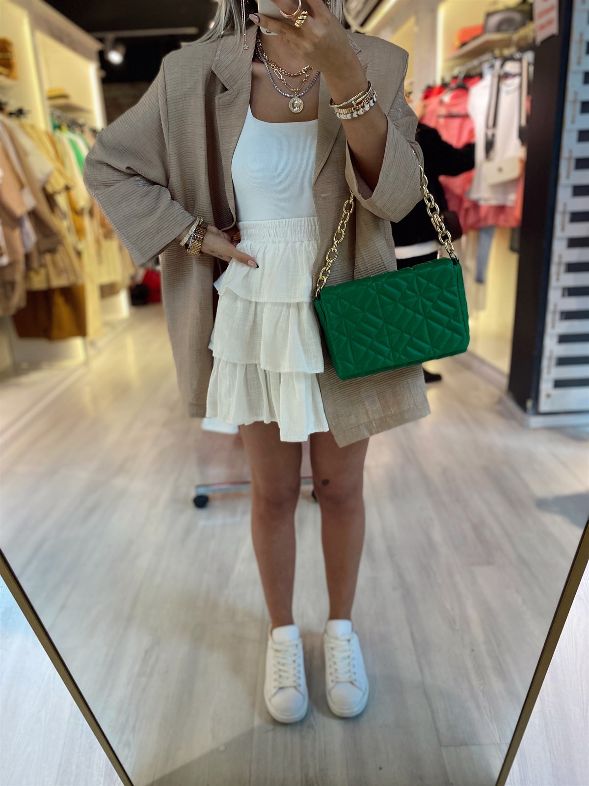 Ekru Fırfırlı Lastikli Etek