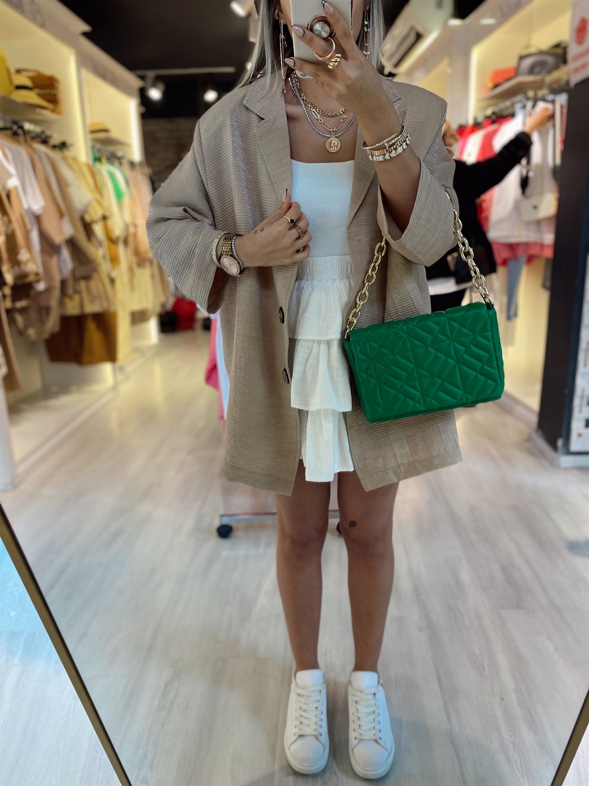 Ekru Fırfırlı Lastikli Etek