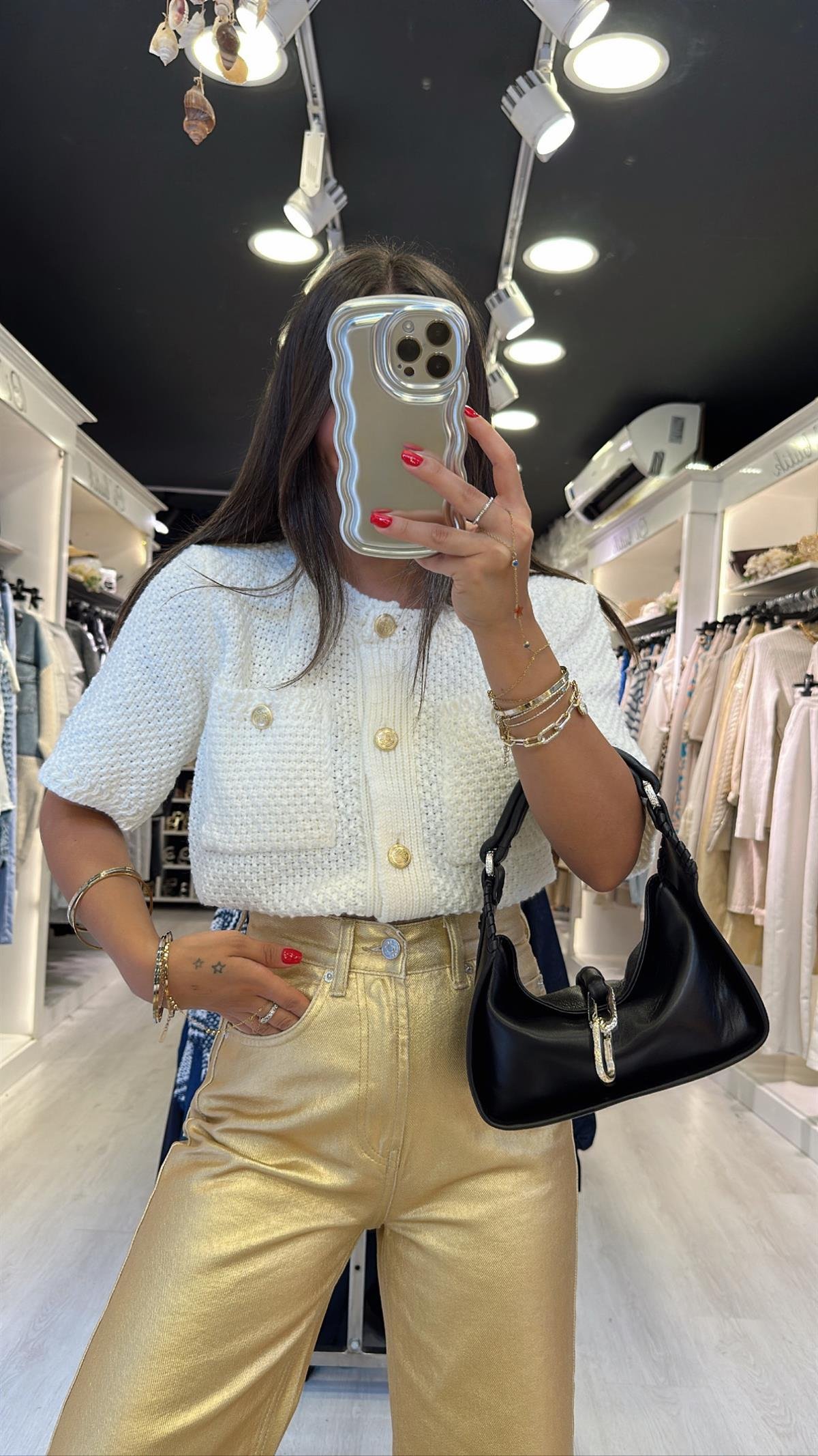 Ekru Gold Düğmeli Triko Hırka 