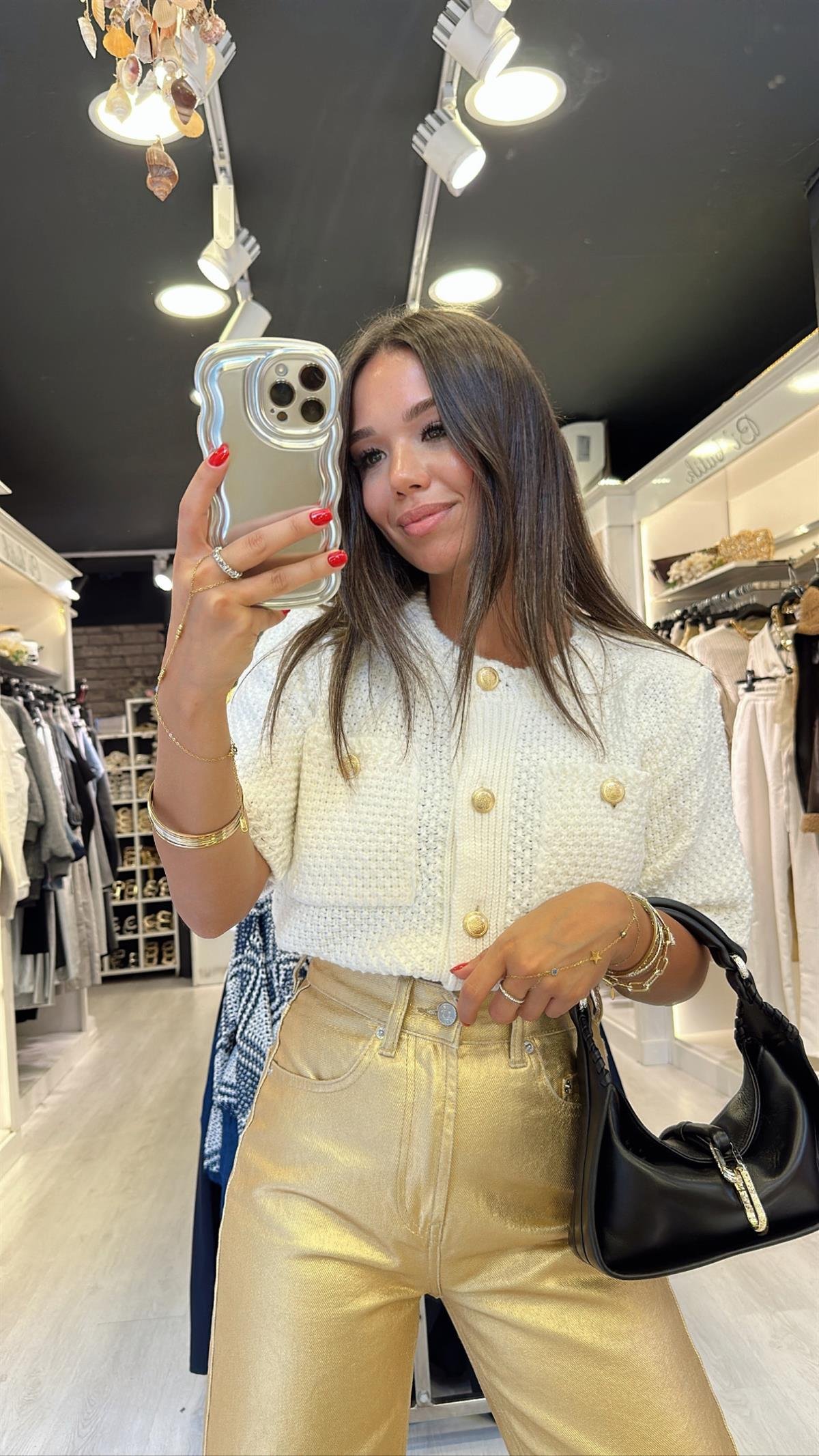 Ekru Gold Düğmeli Triko Hırka 