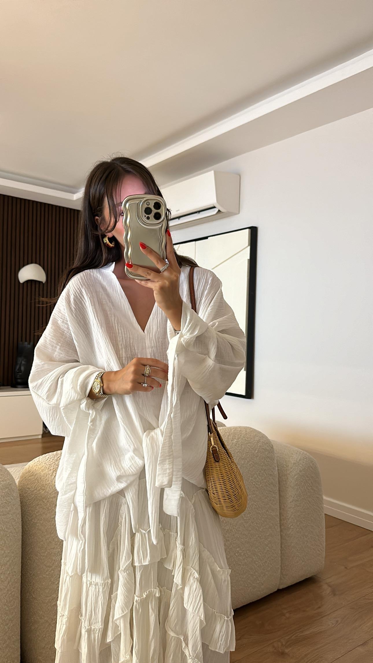 Ekru Hakim Yaka Ön Bağlamalı Salaş Bluz