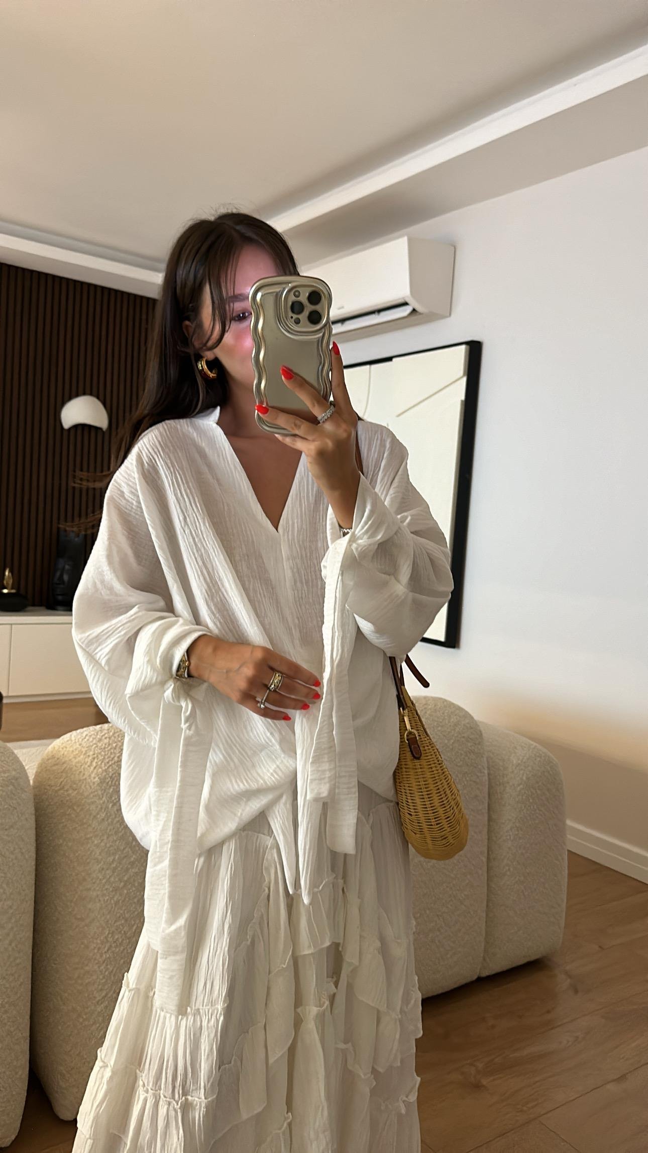 Ekru Hakim Yaka Ön Bağlamalı Salaş Bluz