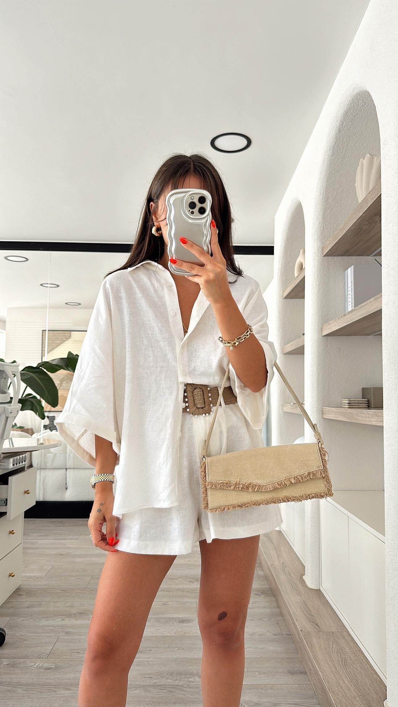 Ekru Hasır Kemerli Keten Şort Takım 